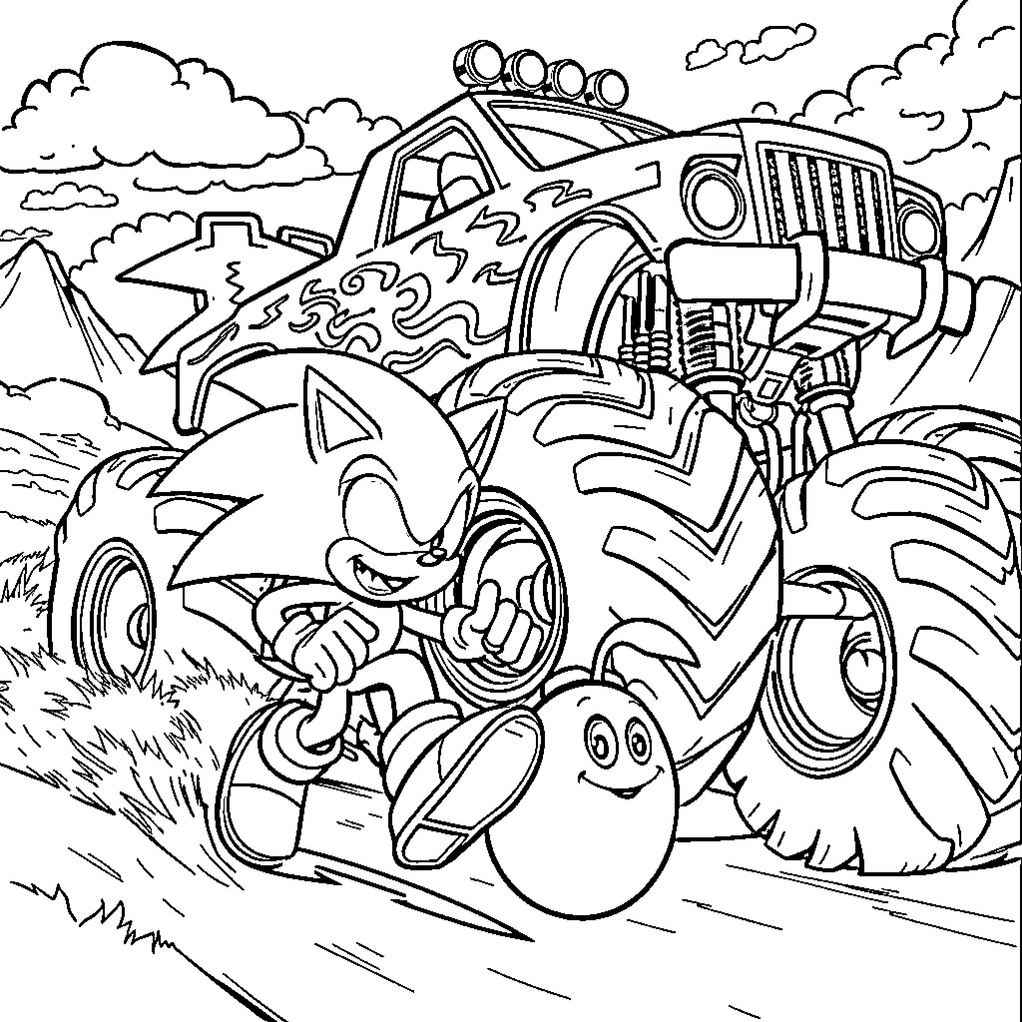 Sonic's Monster Truck Adventure in the Countryside Coloring Page (free black-and-white line drawing printable PDF for all, from beginners to advanced learners, including children, teens, adults, and seniors)