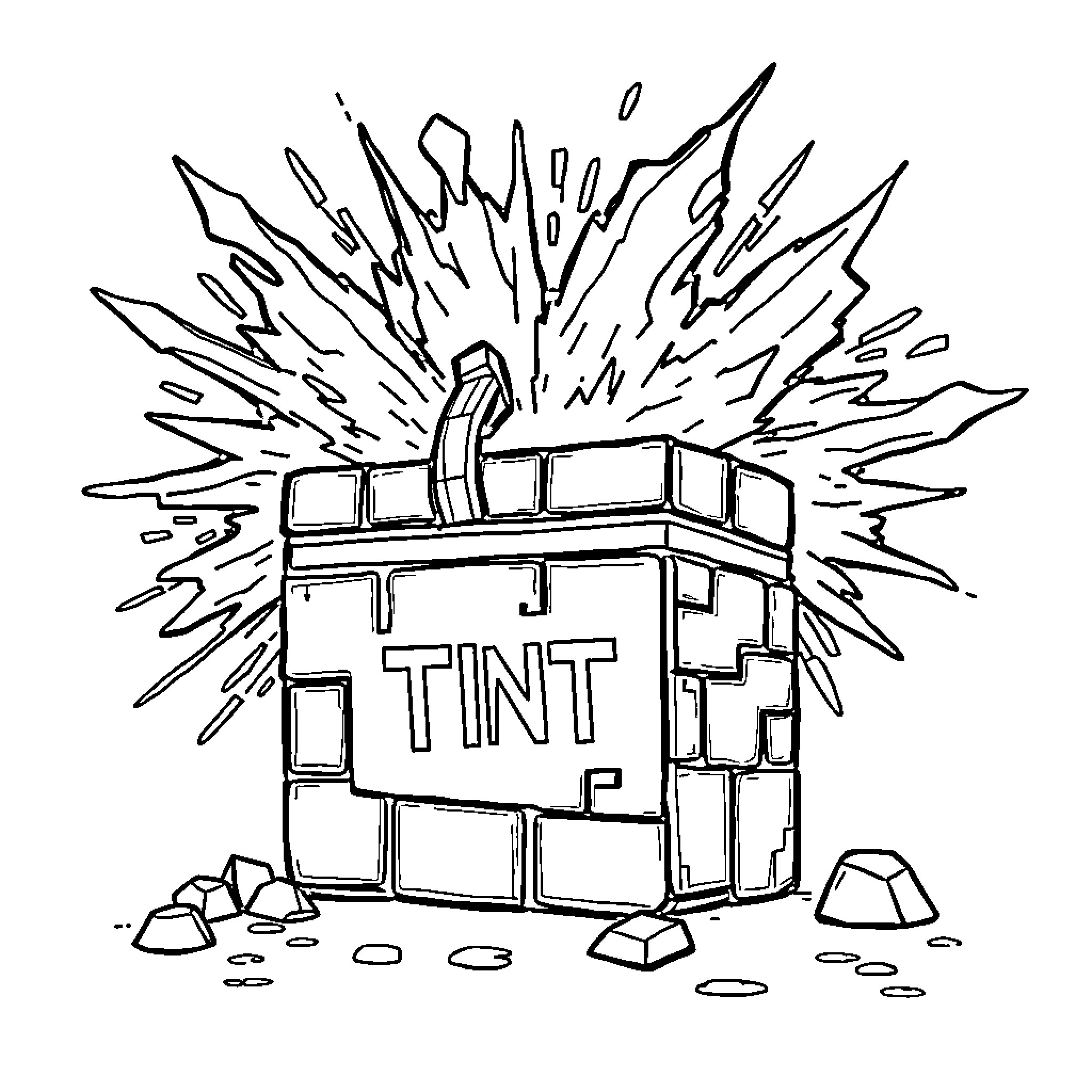 TNT Explosive Blast from Broken Brick Box Coloring Page (free black-and-white line drawing printable PDF for all, from beginners to advanced learners, including children, teens, adults, and seniors)