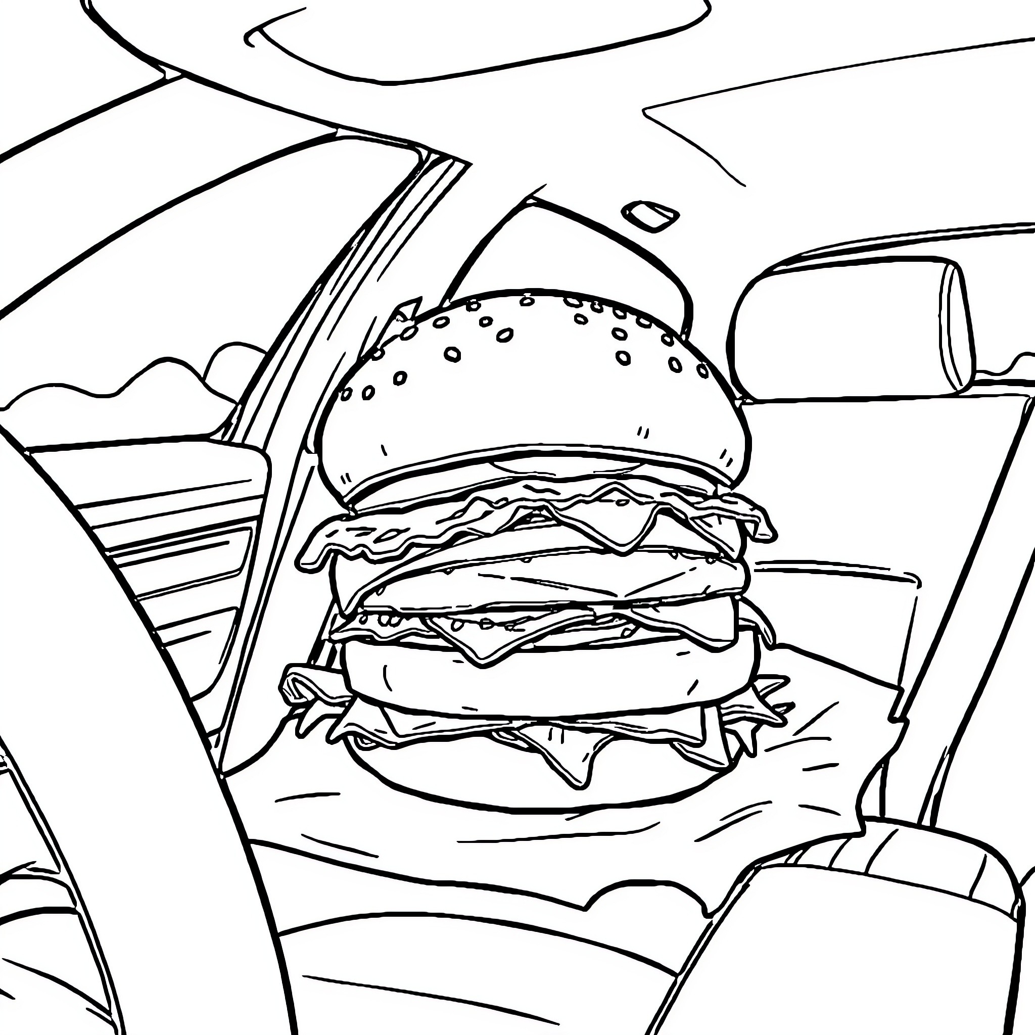 Car with Giant Burger Inside Coloring Page (free black-and-white line drawing printable PDF for all, from beginners to advanced learners, including children, teens, adults, and seniors)