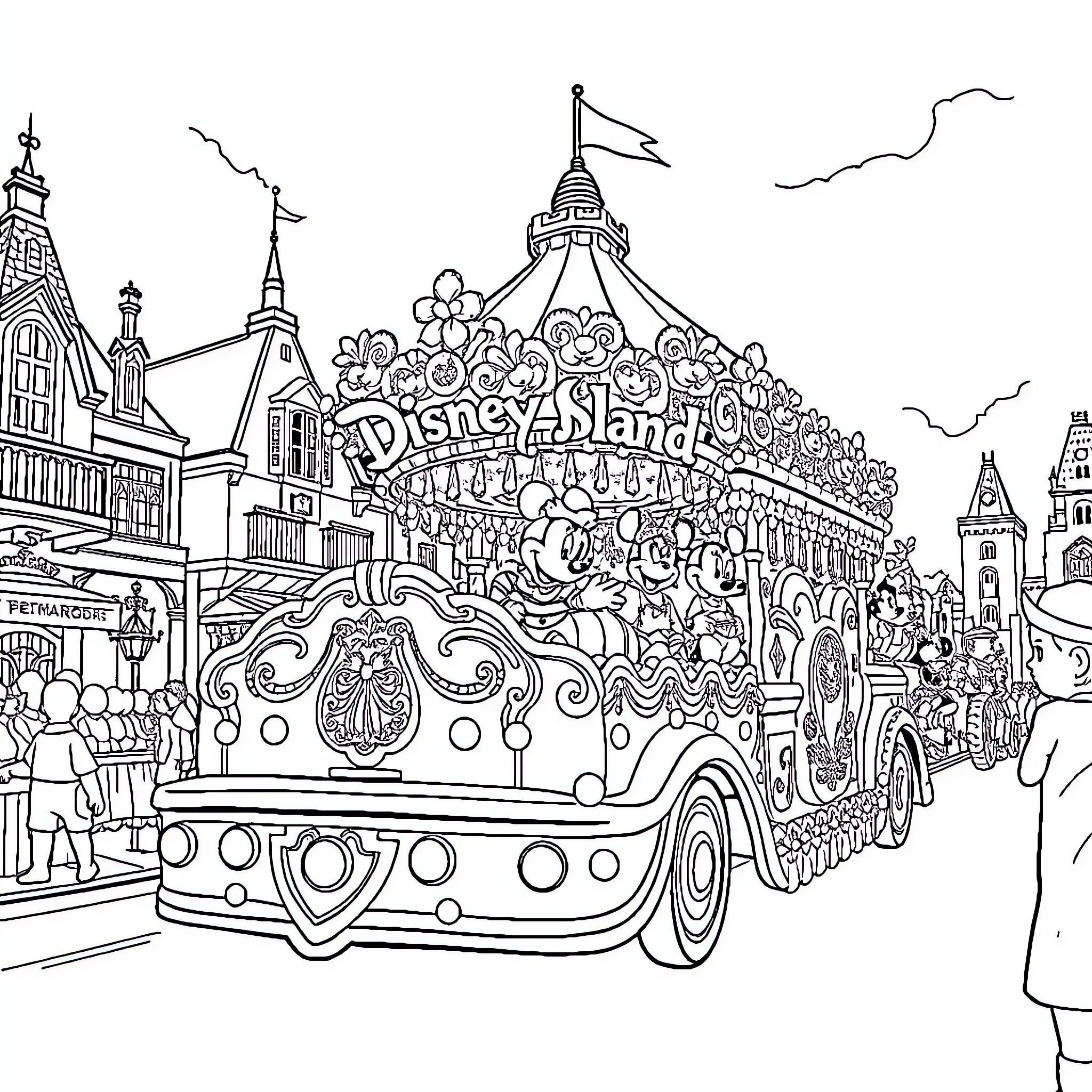 Parade Car filled with Joyful Crowds and Whimsical Decorations Coloring Page (free black-and-white line drawing printable PDF for all, from beginners to advanced learners, including children, teens, adults, and seniors)