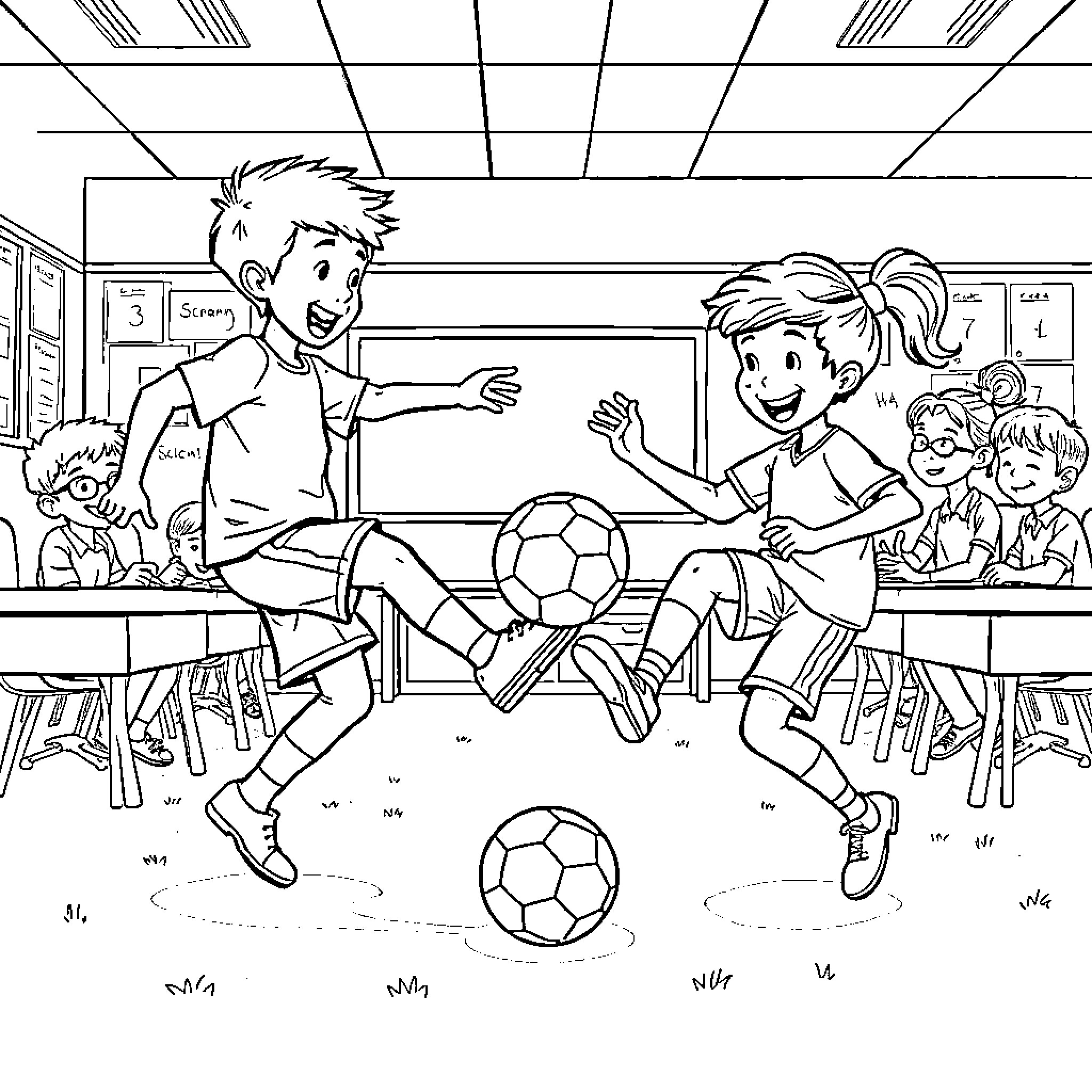 Kid soccer players celebrating victory in the classroom Coloring Page (free black-and-white line drawing printable PDF for all, from beginners to advanced learners, including children, teens, adults, and seniors)