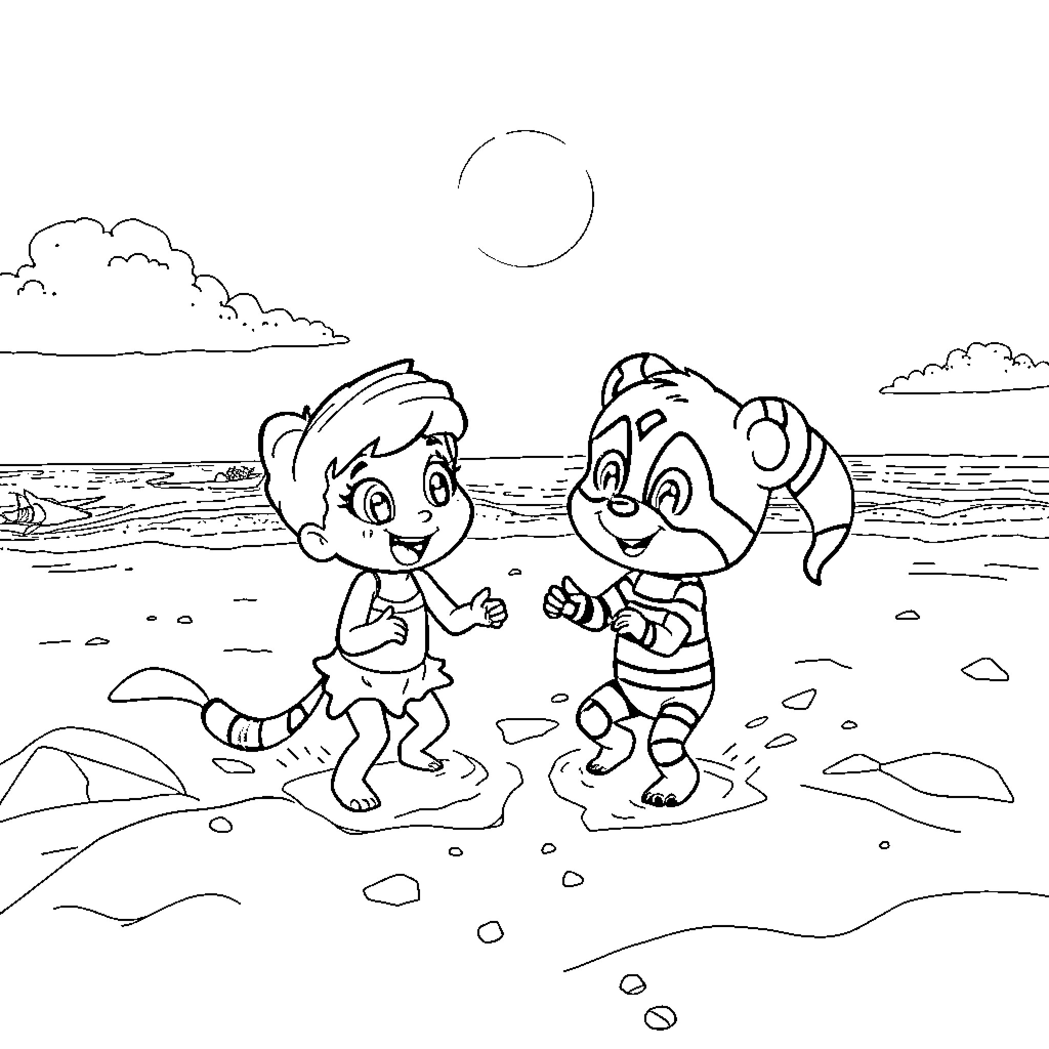Gabby's Playful Beach Adventure with Chipmunk Friend Coloring Page (free black-and-white line drawing printable PDF for all, from beginners to advanced learners, including children, teens, adults, and seniors)