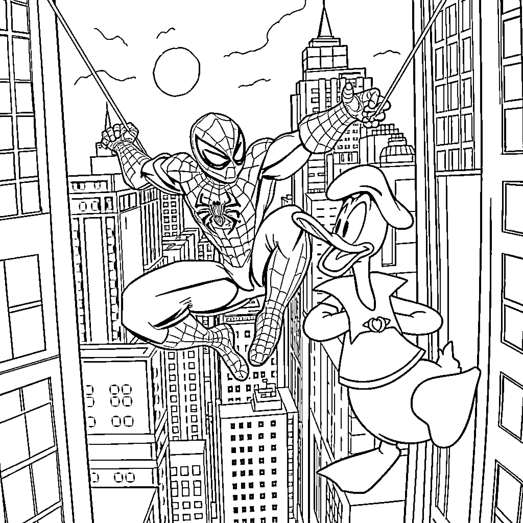 Spider-Man swinging through the city skyline Coloring Page (free black-and-white line drawing printable PDF for all, from beginners to advanced learners, including children, teens, adults, and seniors)