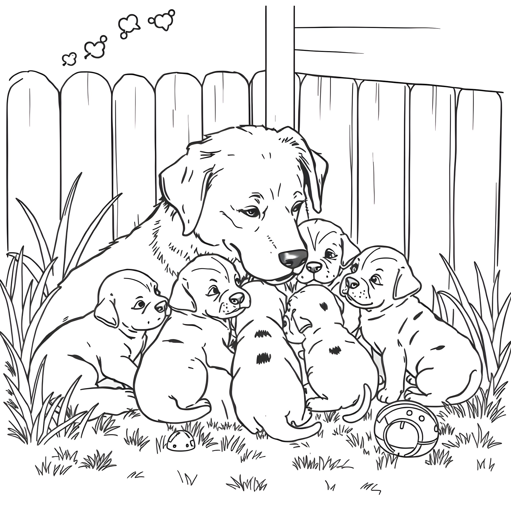 Dog and Puppies Playing in the Yard Coloring Page (free black-and-white line drawing printable PDF for all, from beginners to advanced learners, including children, teens, adults, and seniors)