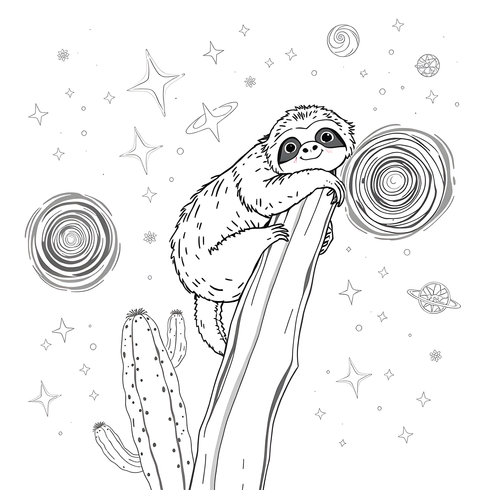 Sloth enjoying the cosmic wonders in the night sky Coloring Page (free black-and-white line drawing printable PDF for all, from beginners to advanced learners, including children, teens, adults, and seniors)