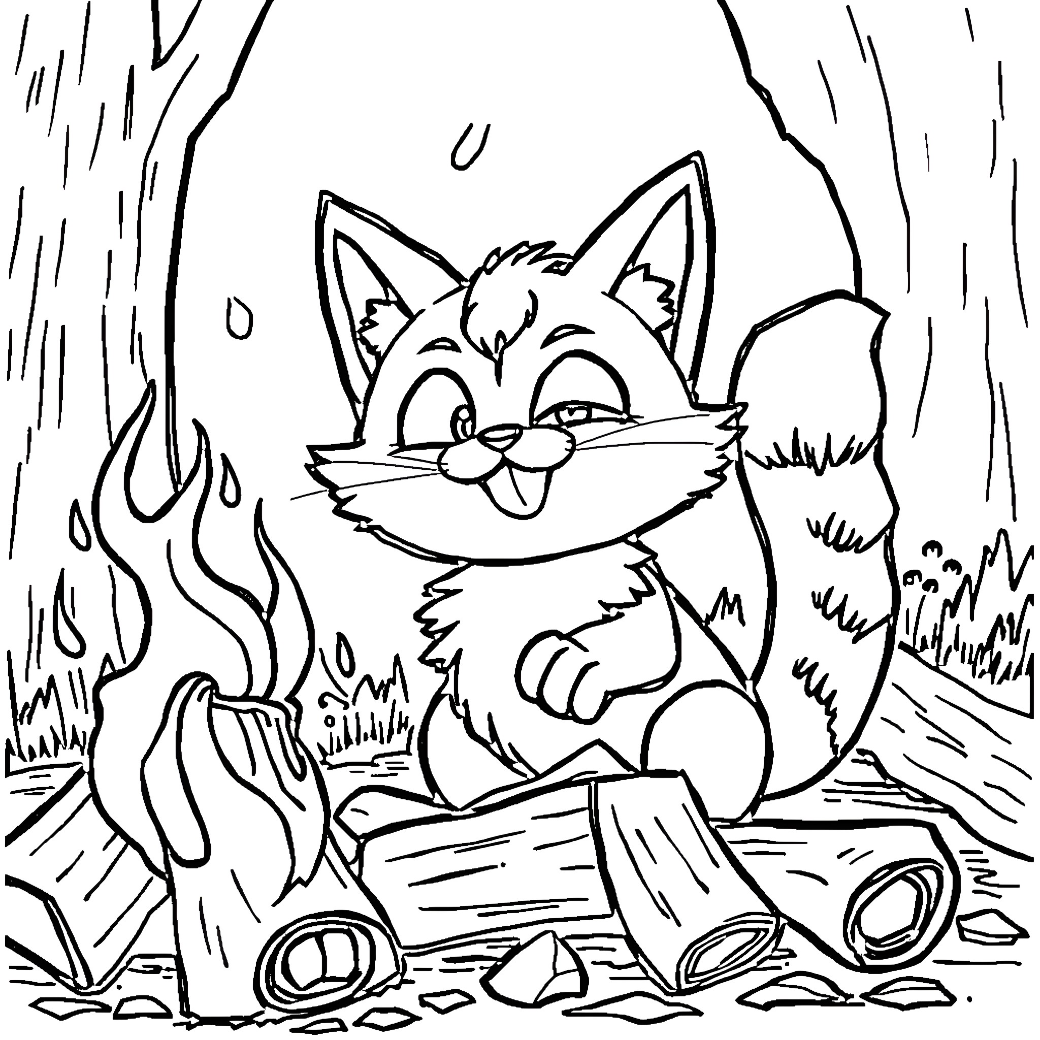 Meowstic Enjoying a Cozy Rainy Day Coloring Page (free black-and-white line drawing printable PDF for all, from beginners to advanced learners, including children, teens, adults, and seniors)
