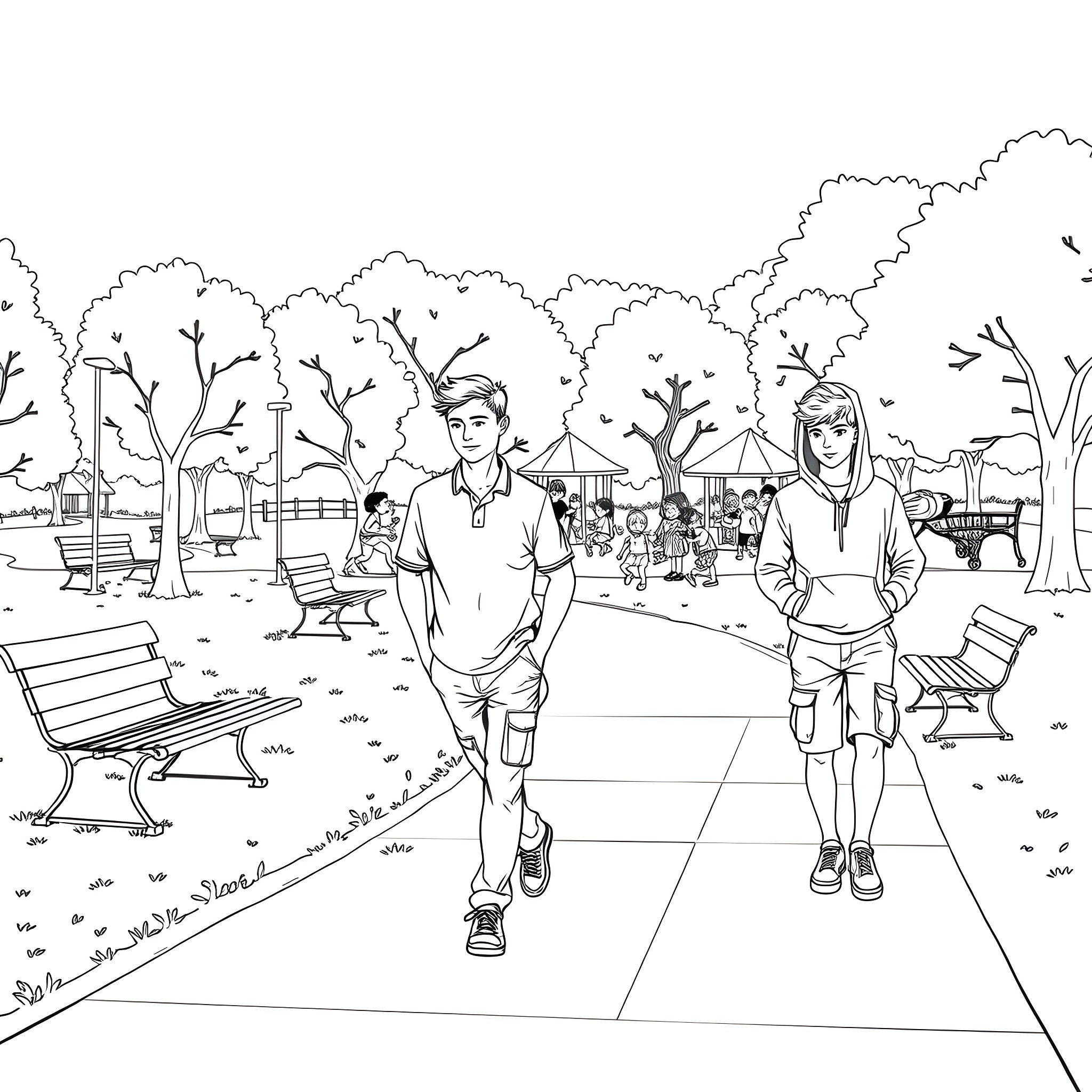 Teen Guy Jogging in a Park Coloring Page (free black-and-white line drawing printable PDF for all, from beginners to advanced learners, including children, teens, adults, and seniors)