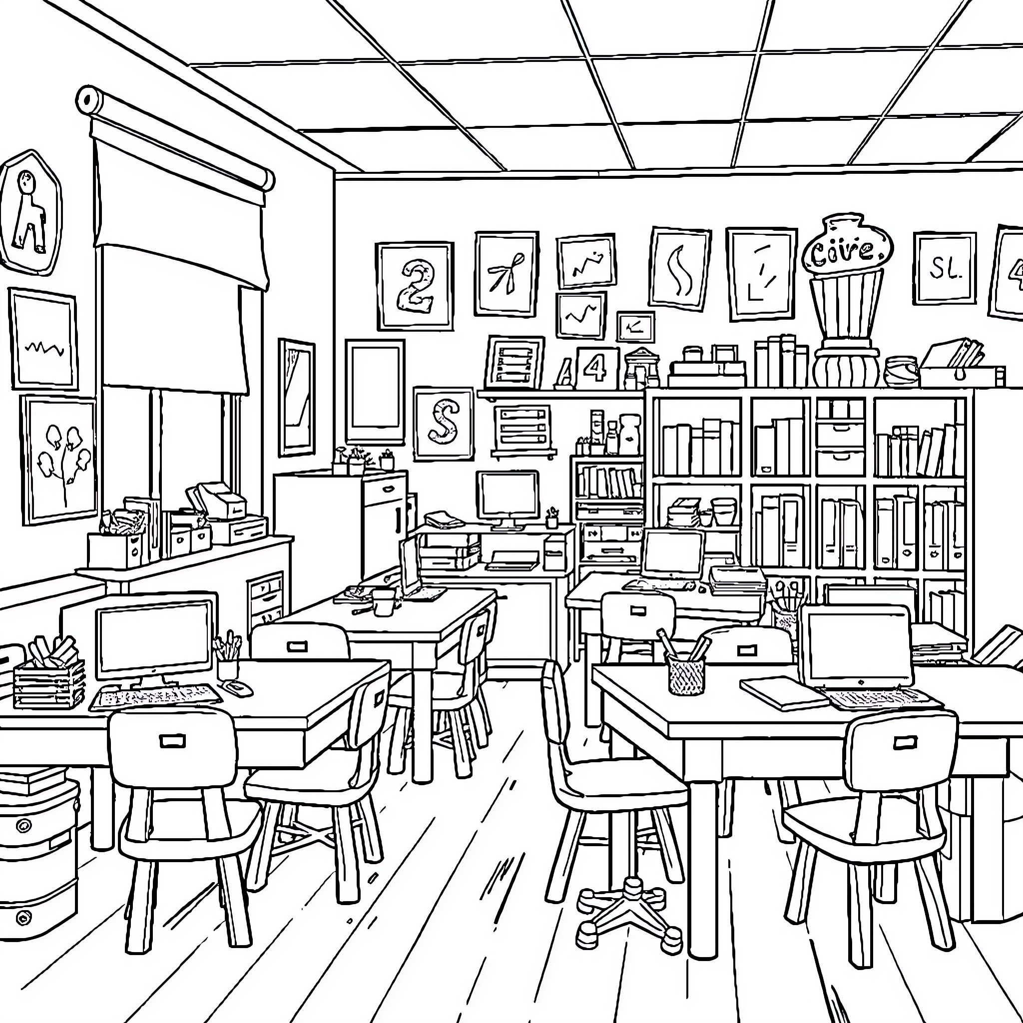 Classroom with Various Learning Supplies and Furniture Coloring Page (free black-and-white line drawing printable PDF for all, from beginners to advanced learners, including children, teens, adults, and seniors)