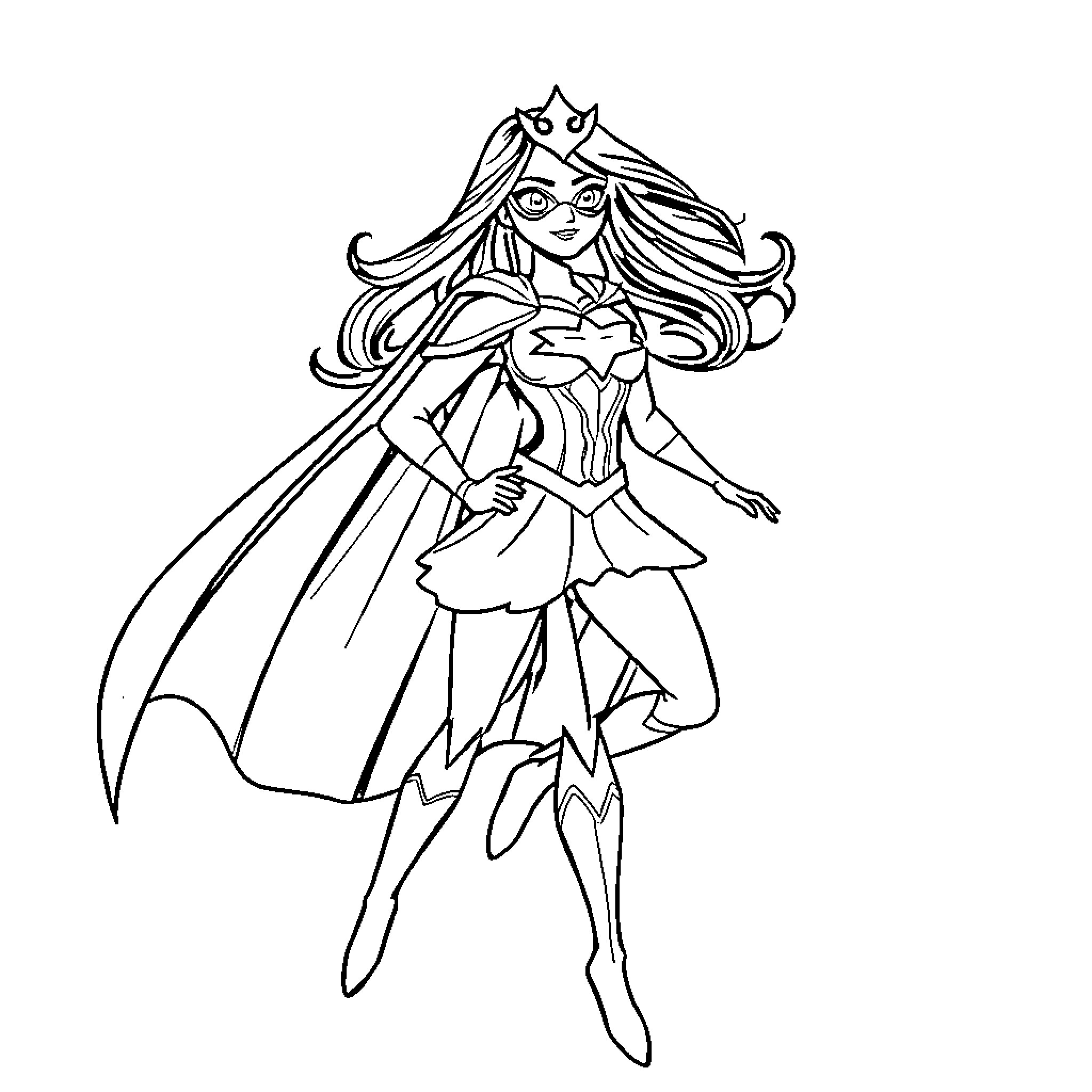 Superhero Princess in Heroic Pose Coloring Page (free black-and-white line drawing printable PDF for all, from beginners to advanced learners, including children, teens, adults, and seniors)