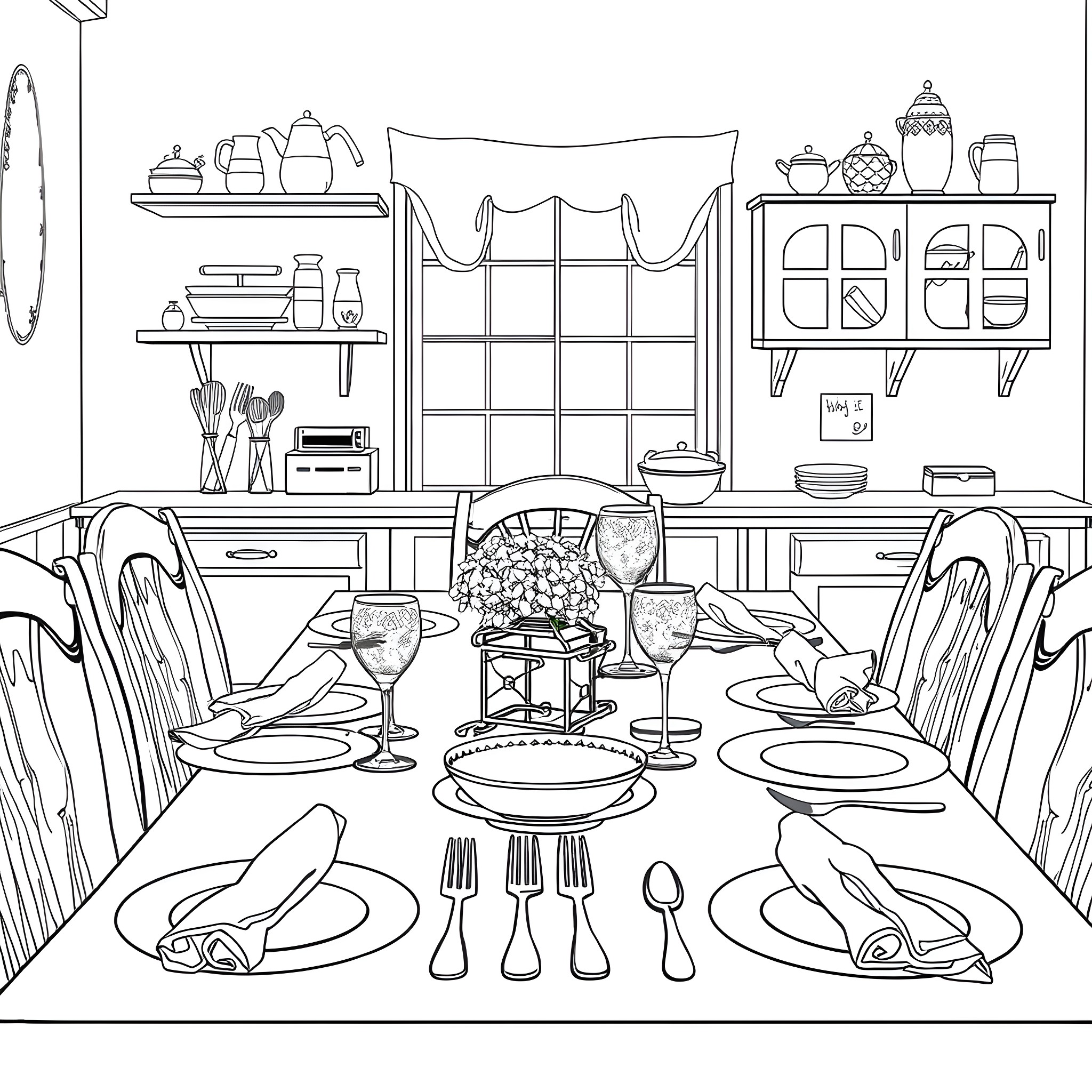 Table Setting and Dining Room Scene Coloring Page (free black-and-white line drawing printable PDF for all, from beginners to advanced learners, including children, teens, adults, and seniors)