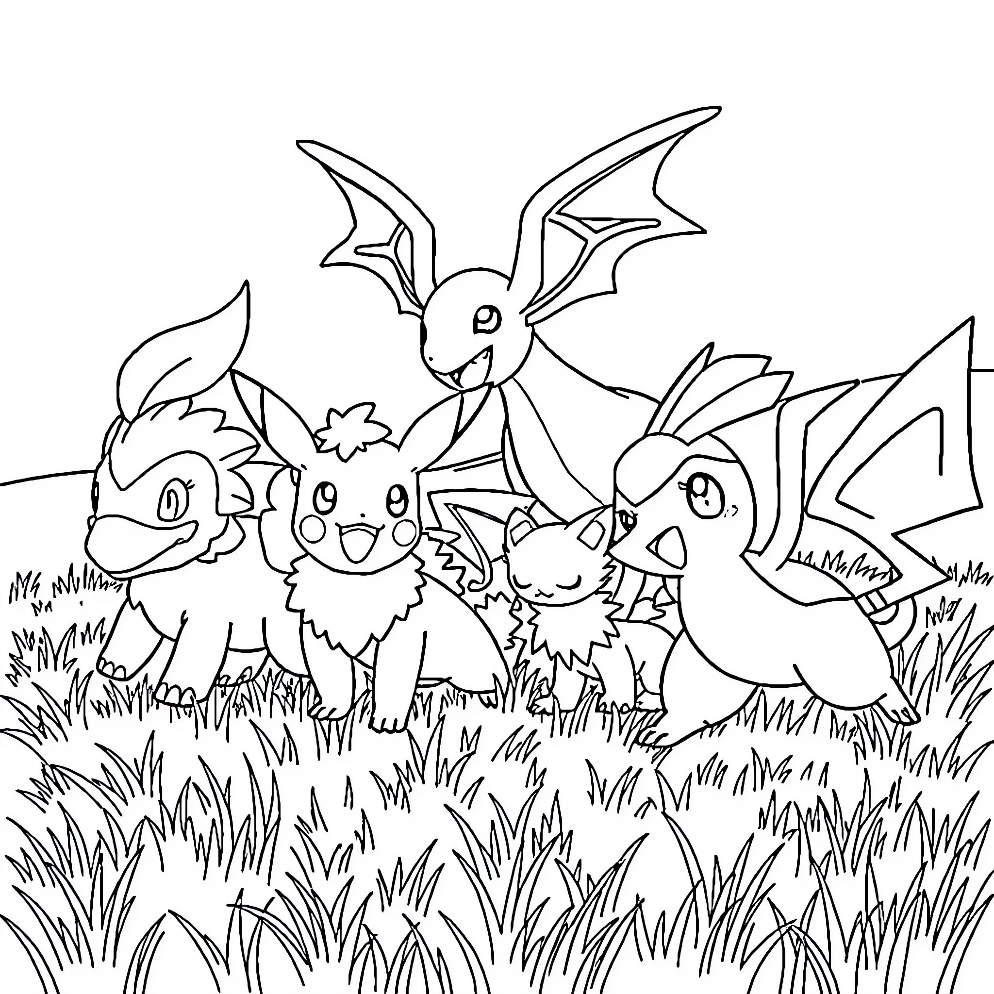 Pokémon characters exploring a grassy field Coloring Page (free black-and-white line drawing printable PDF for all, from beginners to advanced learners, including children, teens, adults, and seniors)