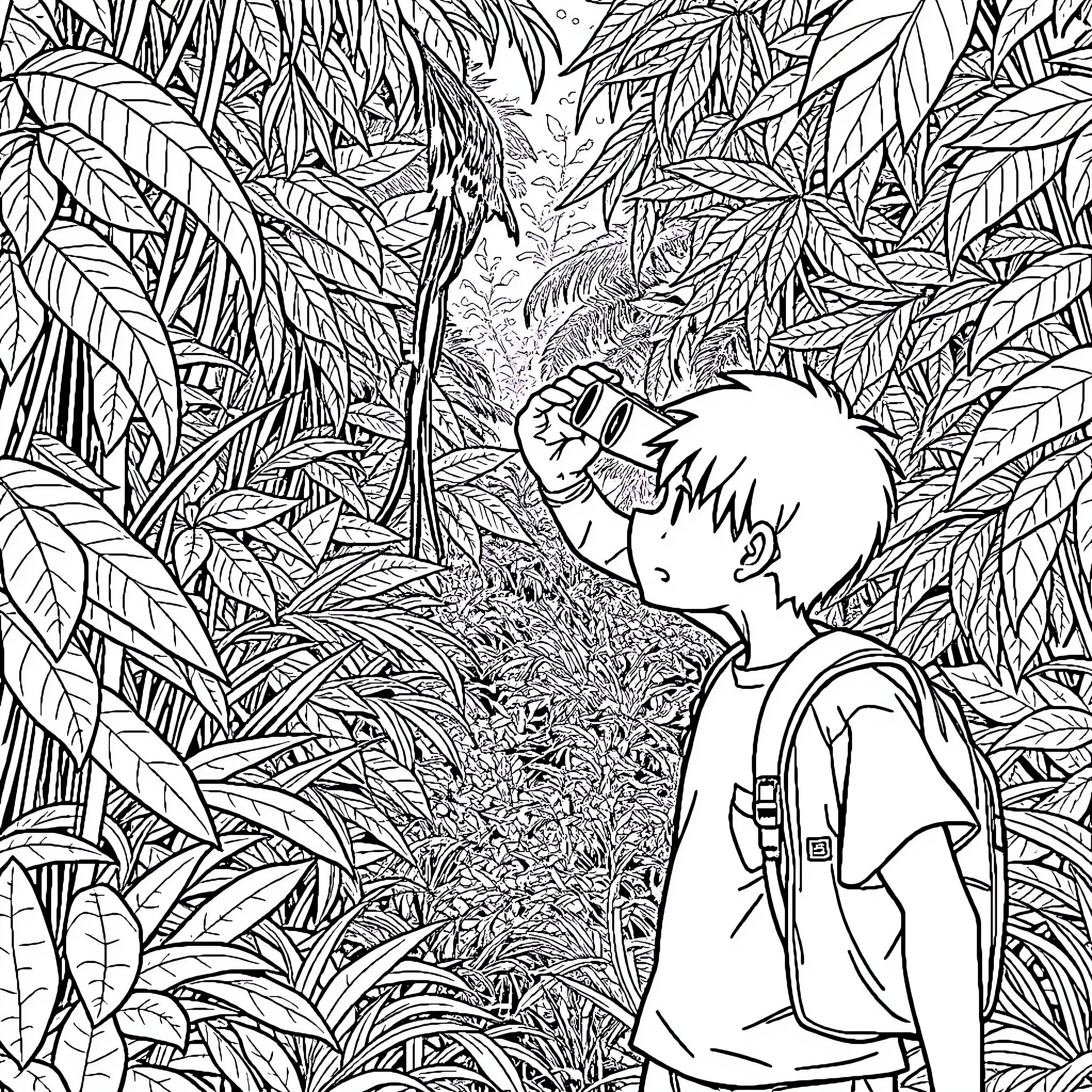 Sangoku exploring the lush, tropical foliage Coloring Page (free black-and-white line drawing printable PDF for all, from beginners to advanced learners, including children, teens, adults, and seniors)