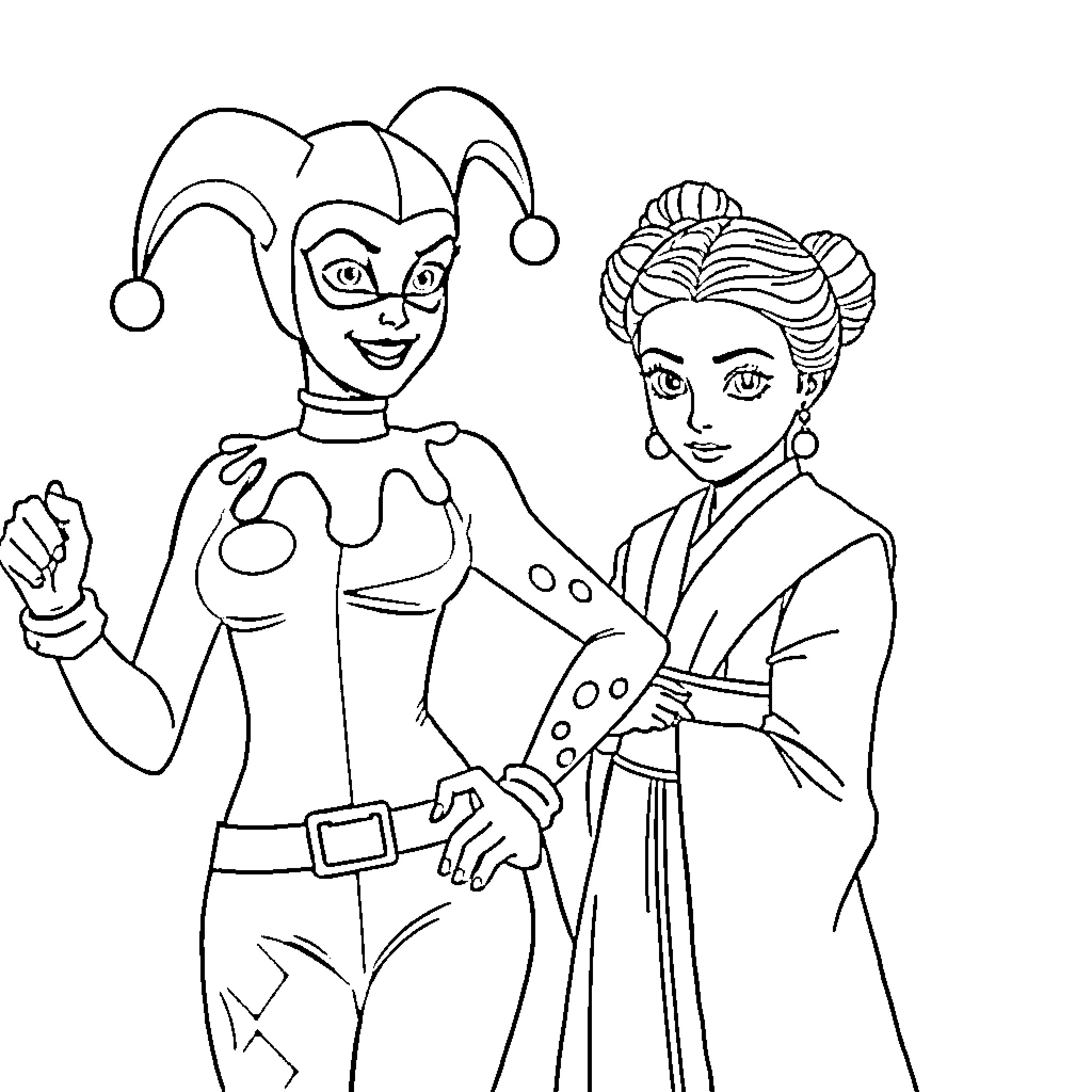 Harley Quinn and Margot Robbie as Geisha in Action Coloring Page (free black-and-white line drawing printable PDF for all, from beginners to advanced learners, including children, teens, adults, and seniors)