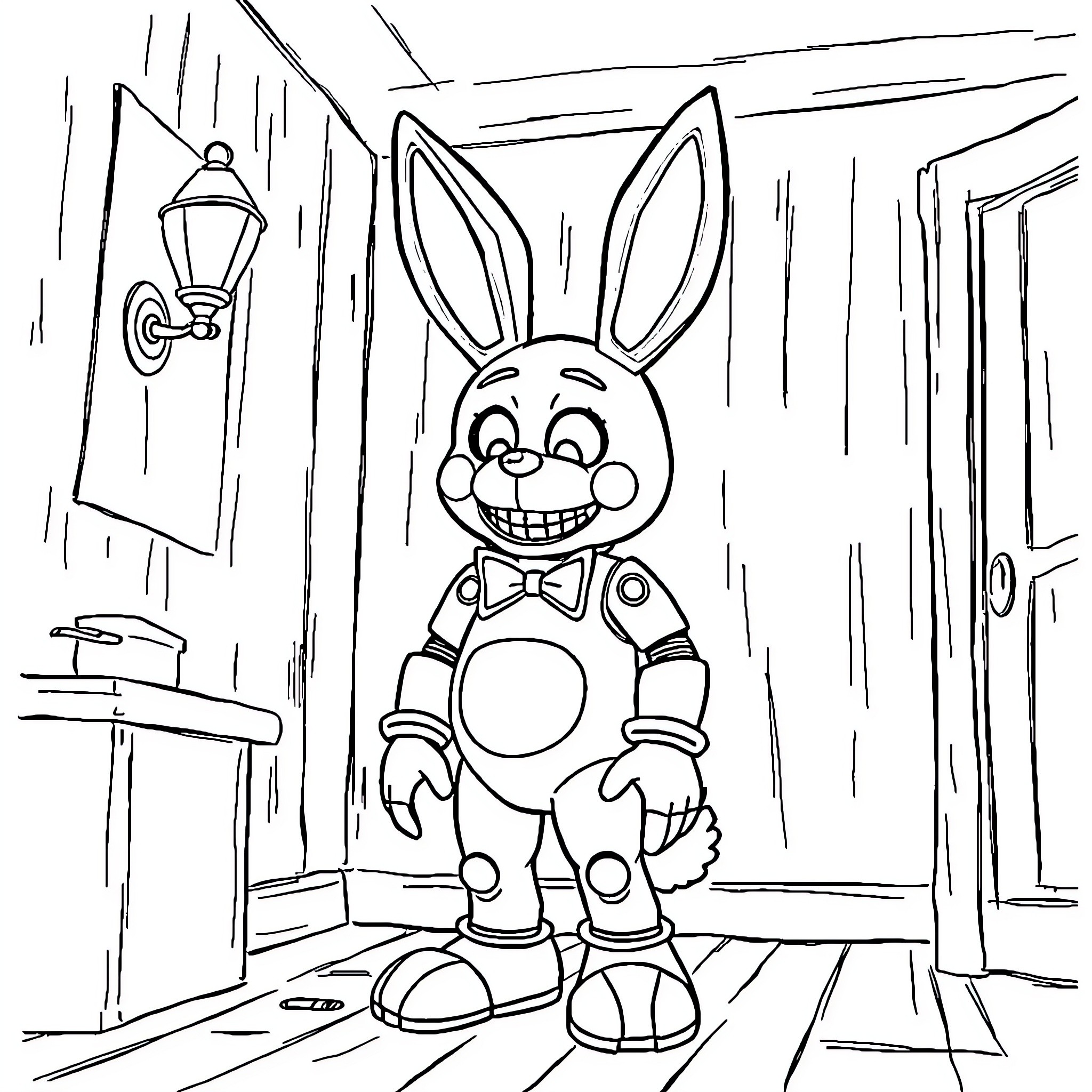 Bonnie the Smiling Rabbit in a Mysterious Room Coloring Page (free black-and-white line drawing printable PDF for all, from beginners to advanced learners, including children, teens, adults, and seniors)