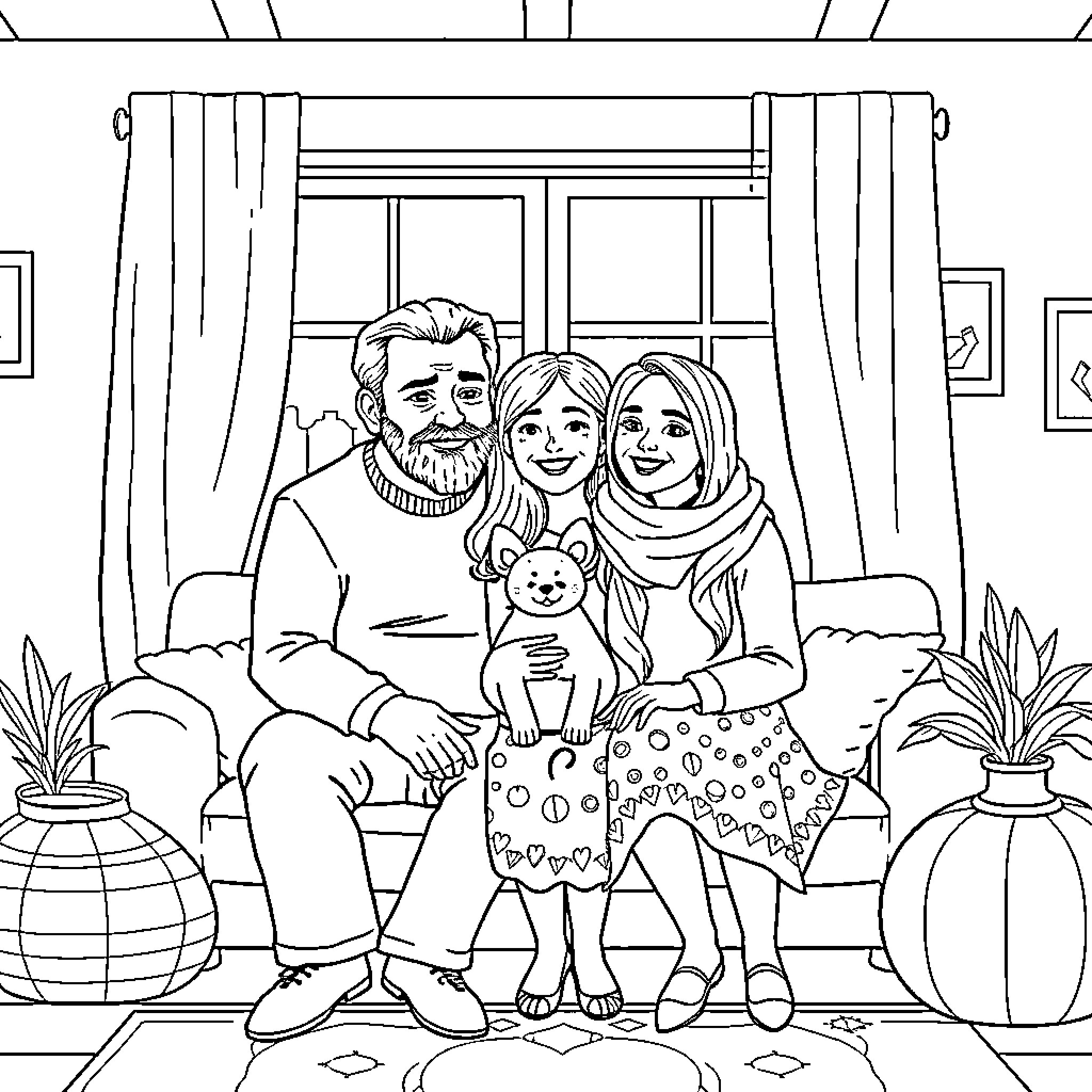 Family Enjoying Cozy Indoor Moment Together Coloring Page (free black-and-white line drawing printable PDF for all, from beginners to advanced learners, including children, teens, adults, and seniors)