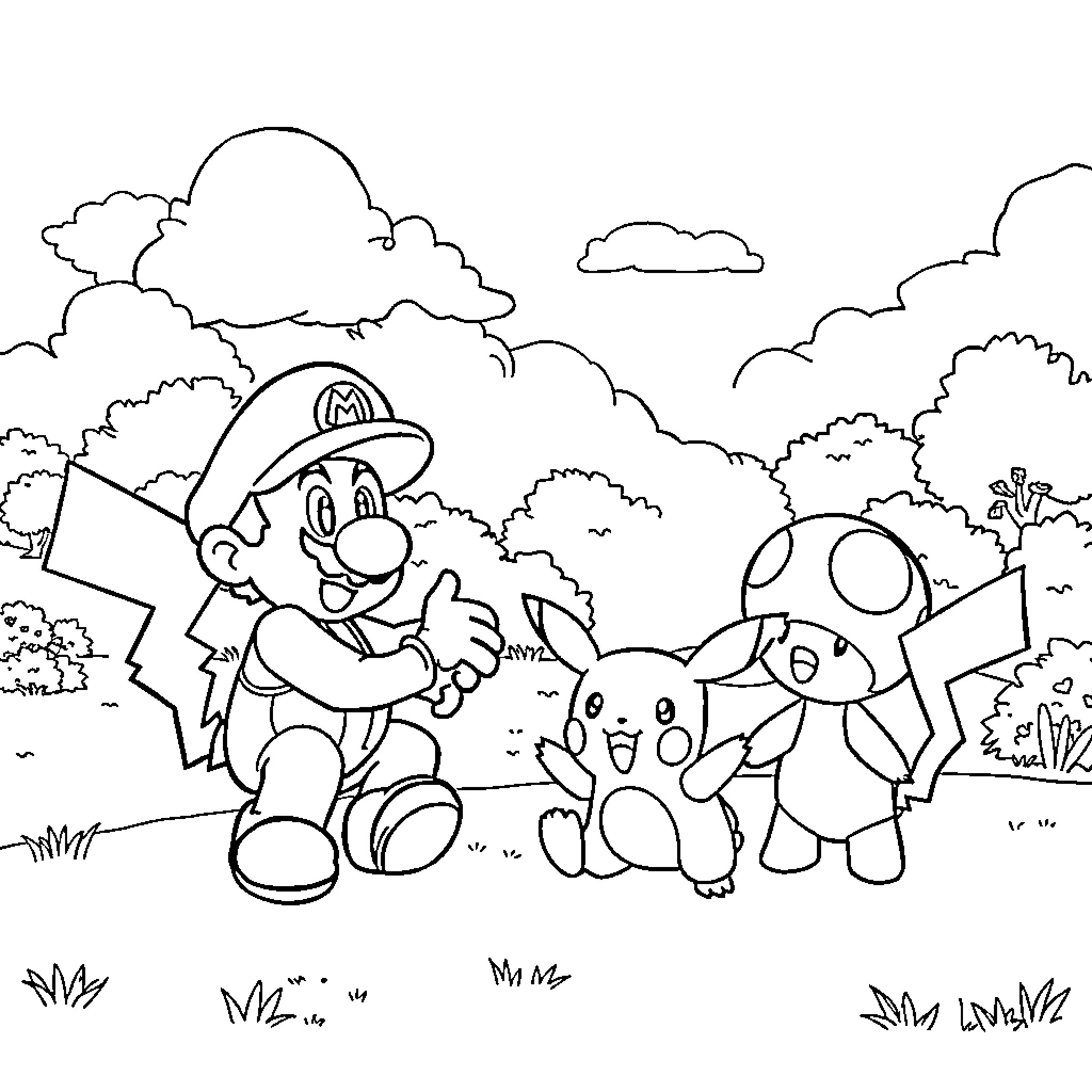 Mario's Adventure with Friendly Characters in the Outdoors Coloring Page (free black-and-white line drawing printable PDF for all, from beginners to advanced learners, including children, teens, adults, and seniors)