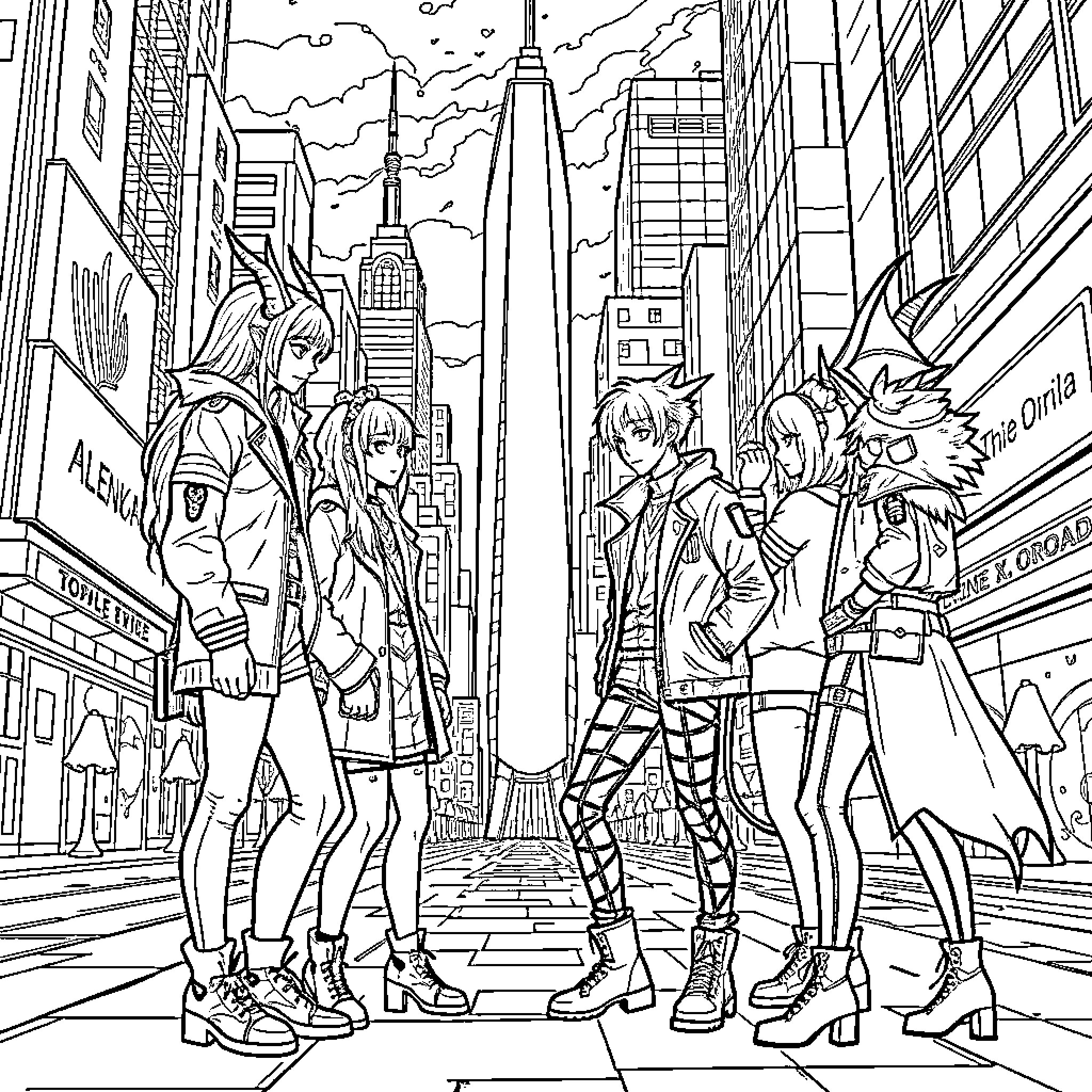 Kpop Demon Hunters in Stylish Outfits on City Streets Coloring Page (free black-and-white line drawing printable PDF for all, from beginners to advanced learners, including children, teens, adults, and seniors)