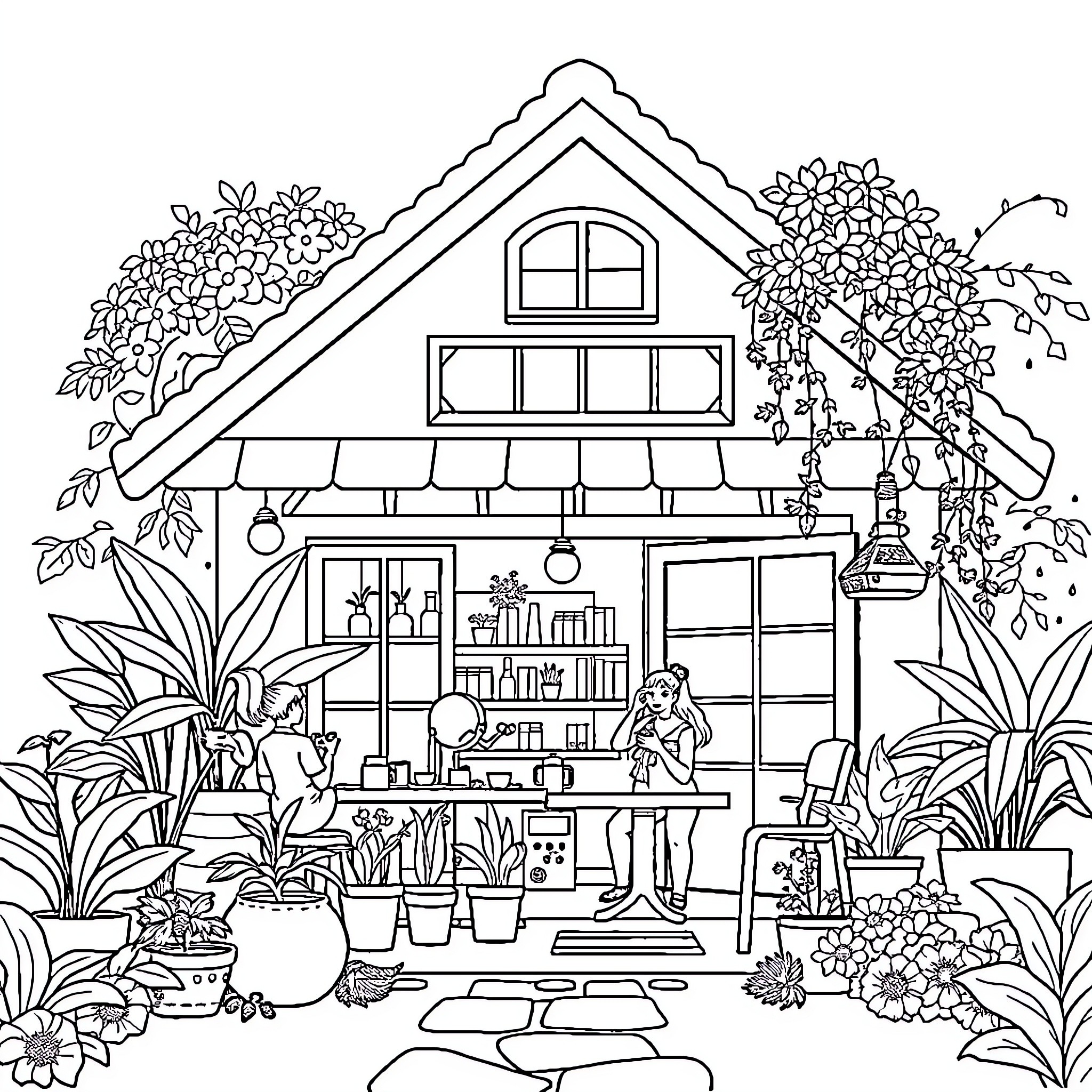 House with Flourishing Garden and Cozy Interior Coloring Page (free black-and-white line drawing printable PDF for all, from beginners to advanced learners, including children, teens, adults, and seniors)
