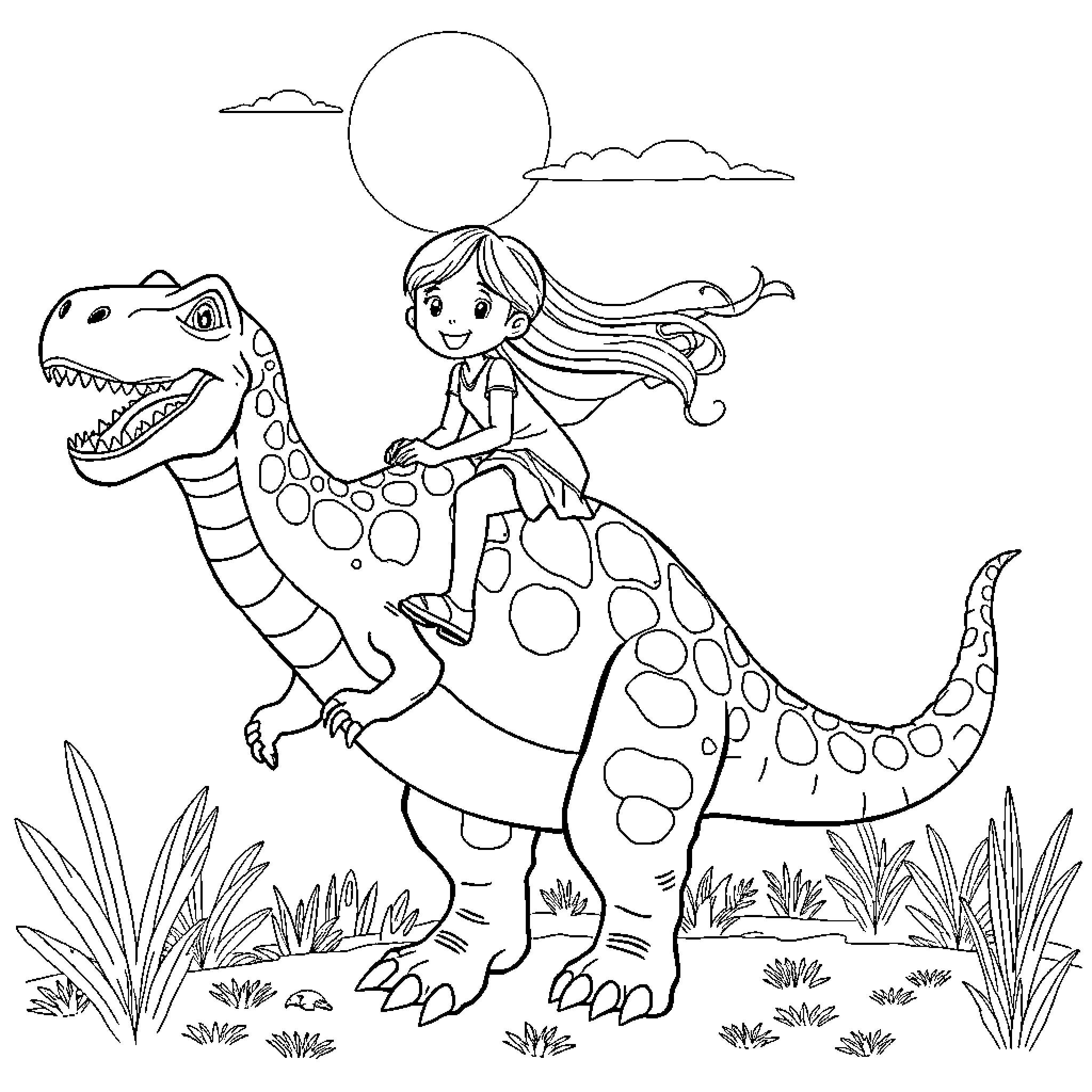 Girl riding a friendly dinosaur in the moonlight Coloring Page (free black-and-white line drawing printable PDF for all, from beginners to advanced learners, including children, teens, adults, and seniors)