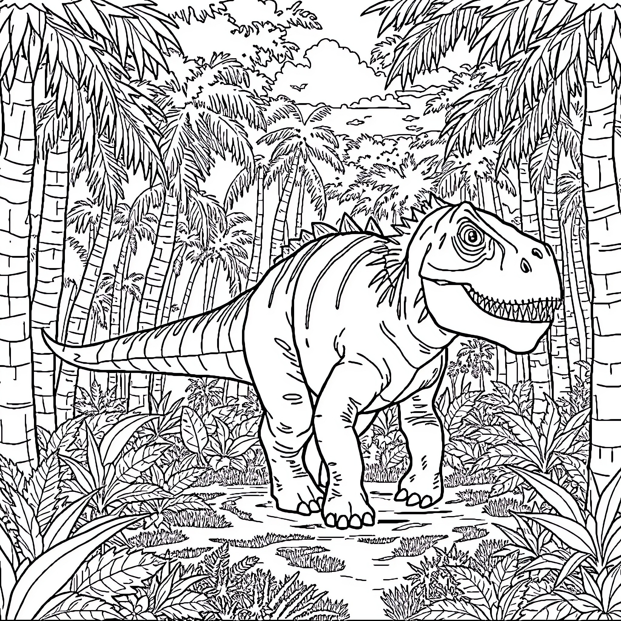 Dinosaur exploring lush tropical jungle landscape Coloring Page (free black-and-white line drawing printable PDF for all, from beginners to advanced learners, including children, teens, adults, and seniors)