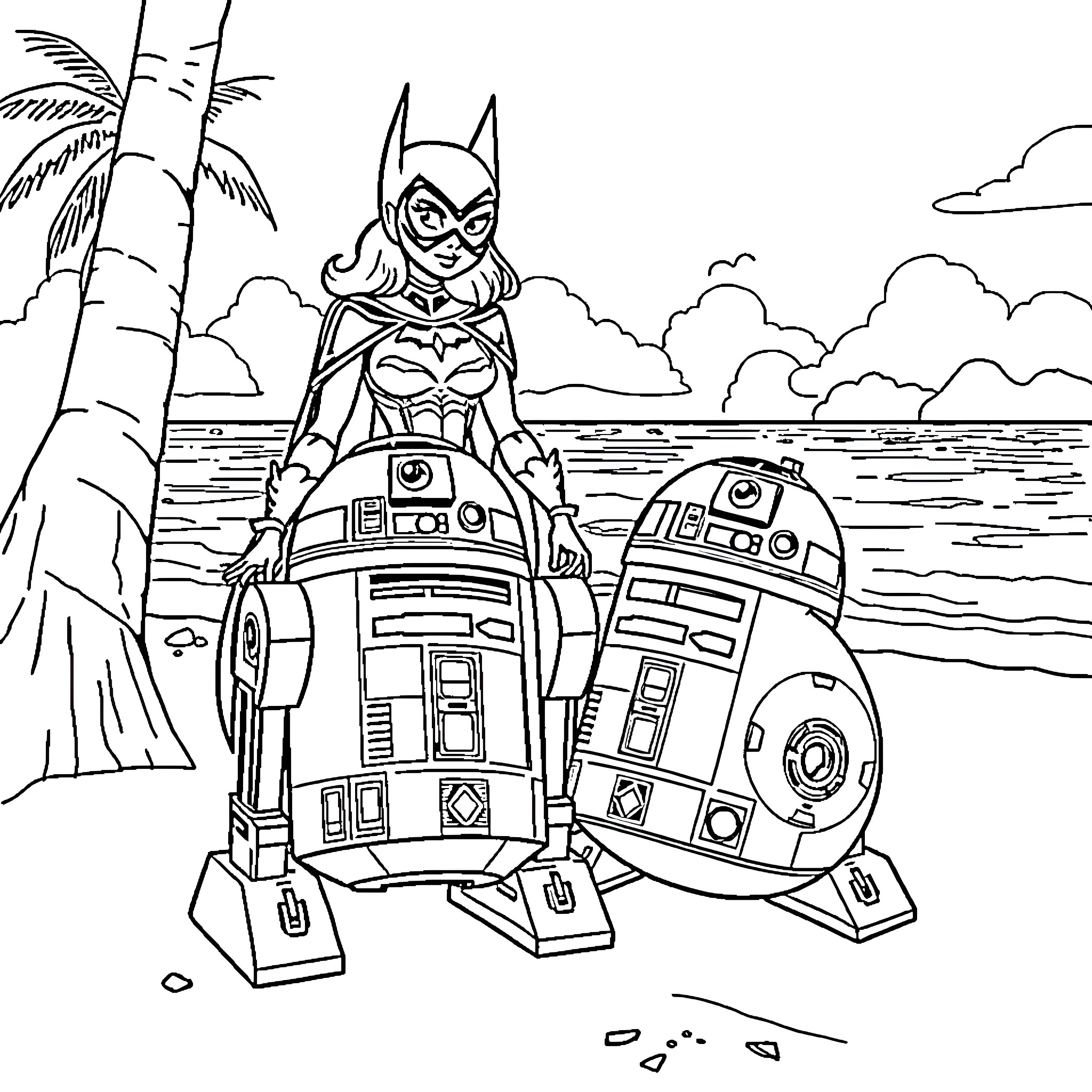 Batgirl commanding R2-D2 and C-3PO on the beach Coloring Page (free black-and-white line drawing printable PDF for all, from beginners to advanced learners, including children, teens, adults, and seniors)