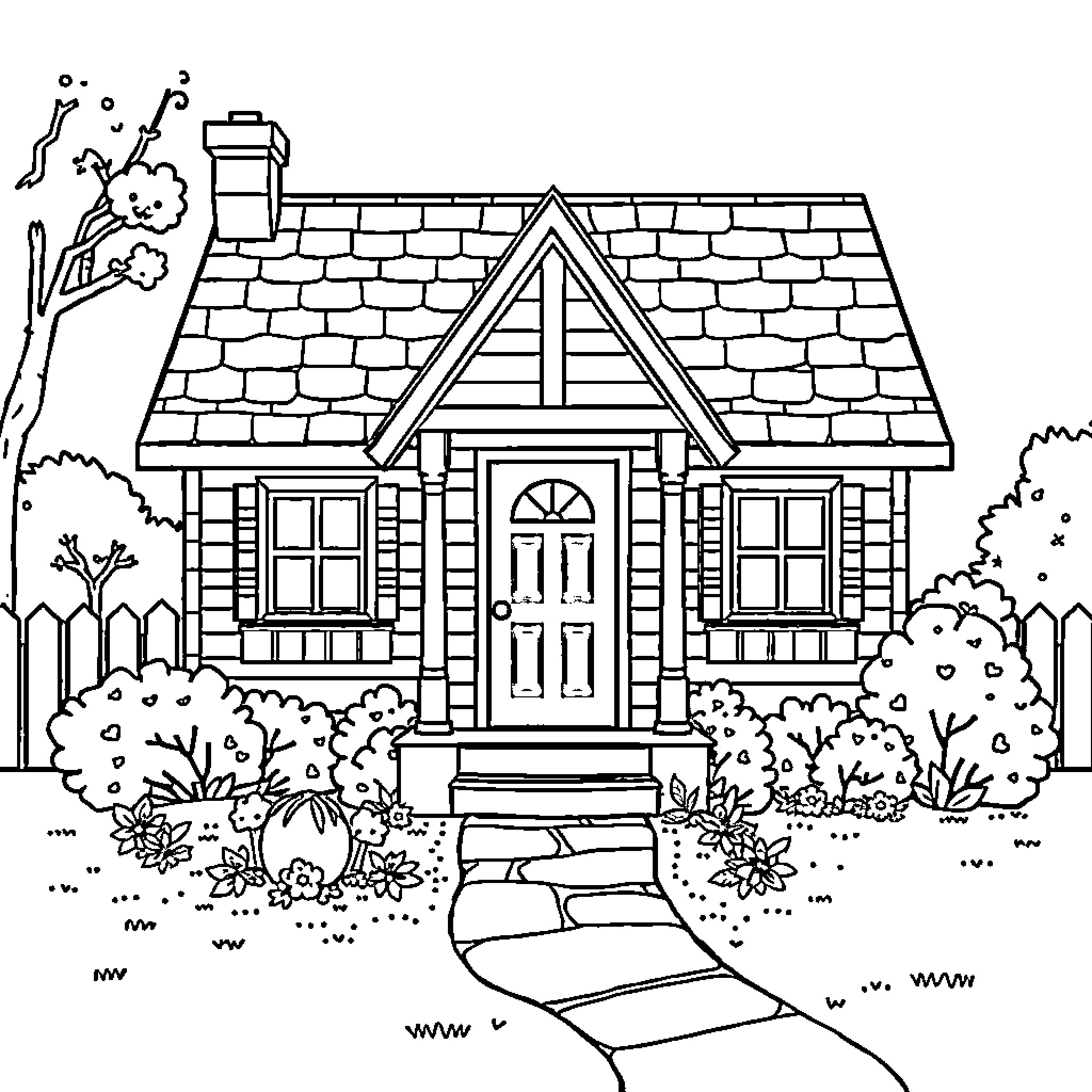 House with Charming Exterior in Scenic Landscape Coloring Page (free black-and-white line drawing printable PDF for all, from beginners to advanced learners, including children, teens, adults, and seniors)