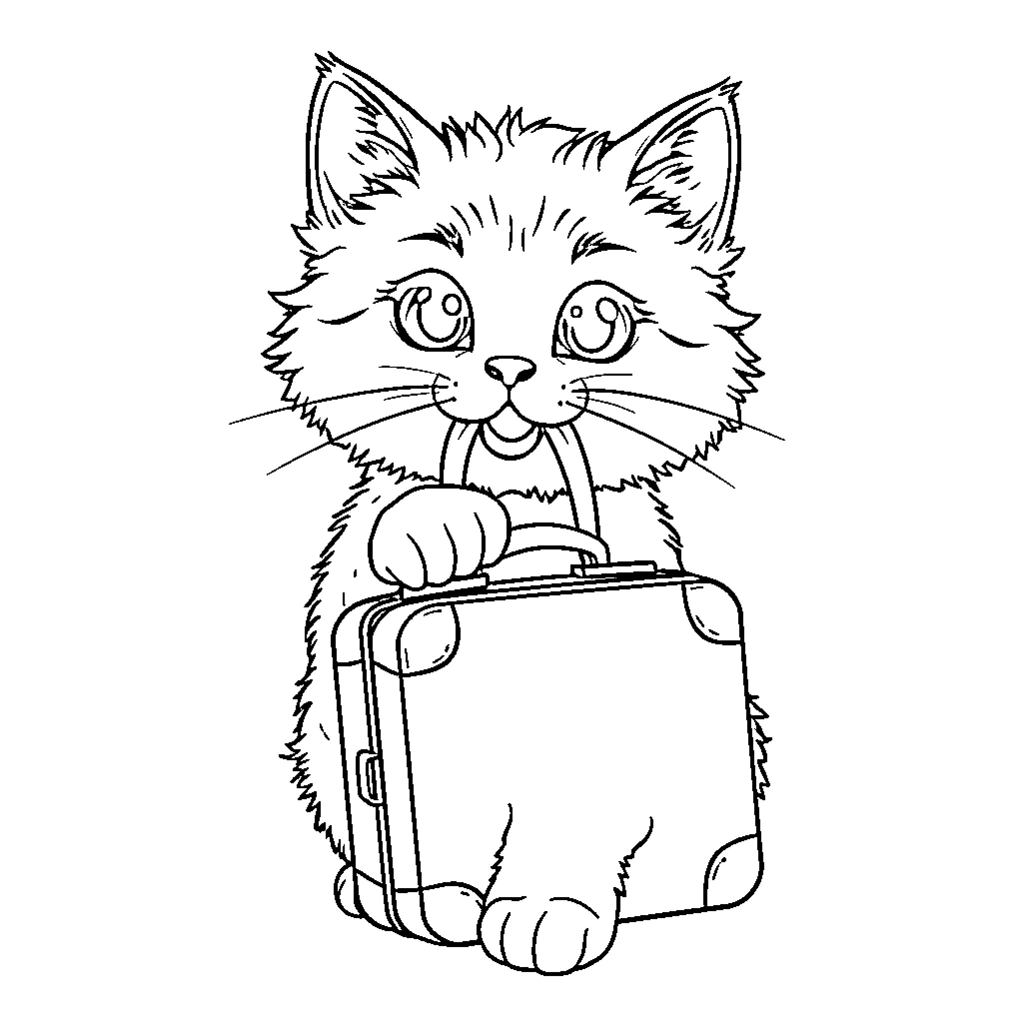 Cat carrying a suitcase Coloring Page (free black-and-white line drawing printable PDF for all, from beginners to advanced learners, including children, teens, adults, and seniors)