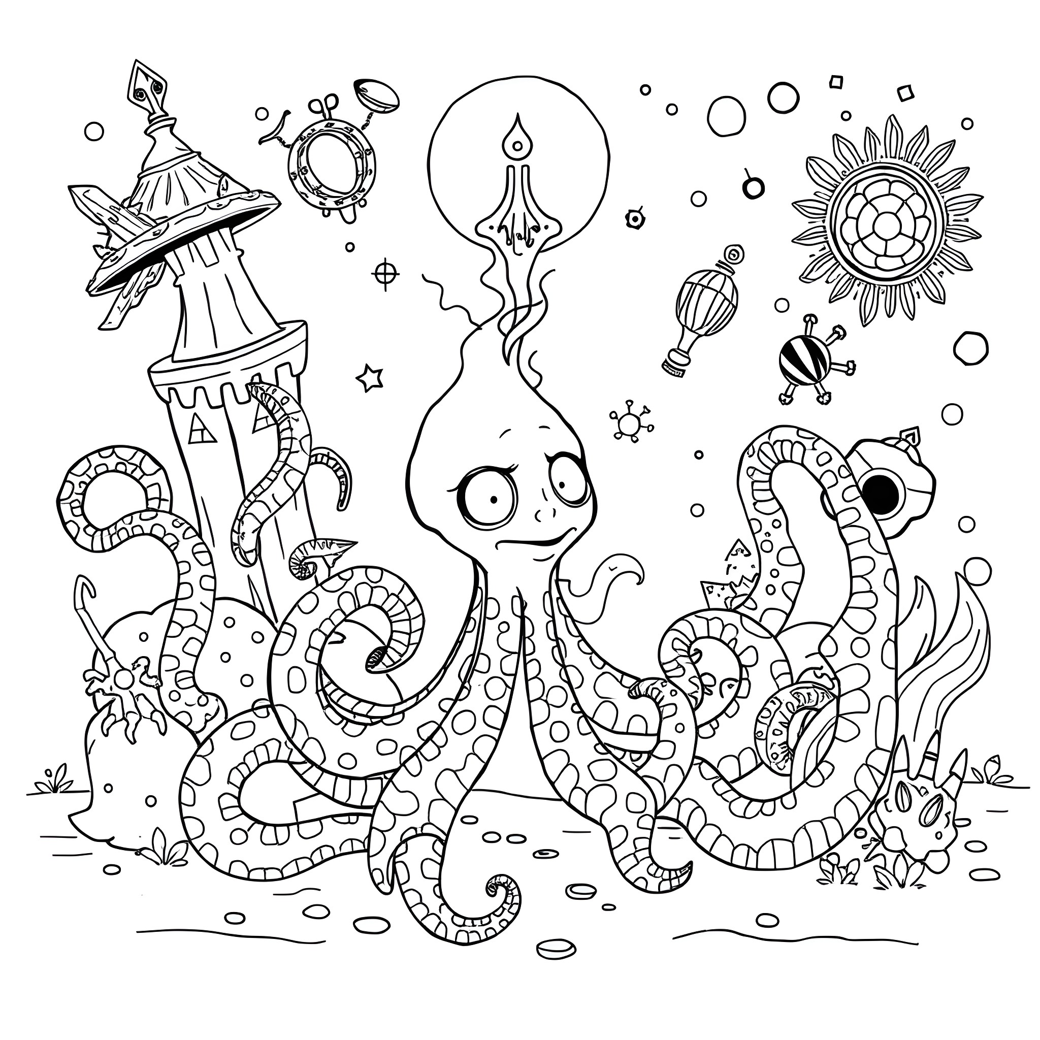 Tentacle creature exploring whimsical underwater scene Coloring Page (free black-and-white line drawing printable PDF for all, from beginners to advanced learners, including children, teens, adults, and seniors)