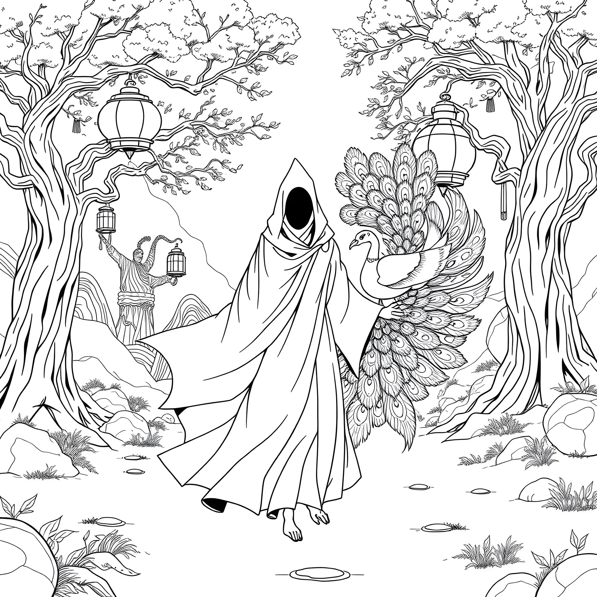 Spirited Away: Enchanting Figures in a Mystical Forest Coloring Page (free black-and-white line drawing printable PDF for all, from beginners to advanced learners, including children, teens, adults, and seniors)