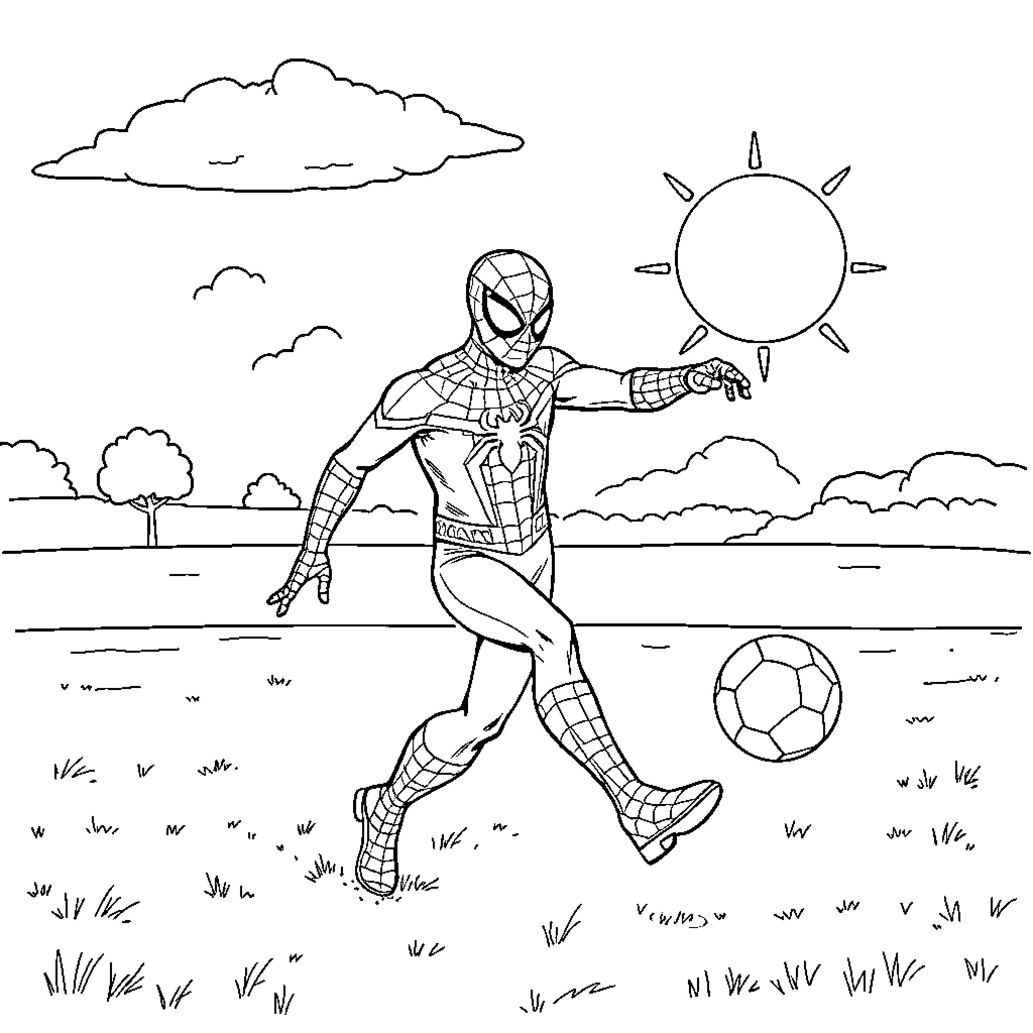 Spiderman playing with a soccer ball in the park Coloring Page (free black-and-white line drawing printable PDF for all, from beginners to advanced learners, including children, teens, adults, and seniors)