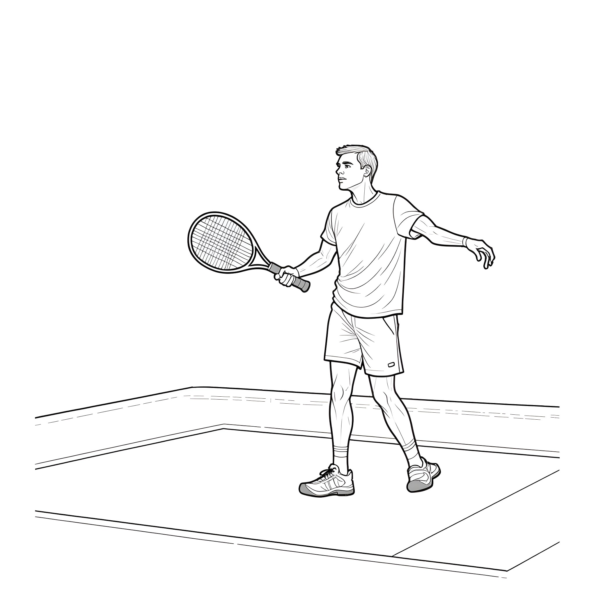 Michael Scofield playing tennis on a court Coloring Page (free black-and-white line drawing printable PDF for all, from beginners to advanced learners, including children, teens, adults, and seniors)