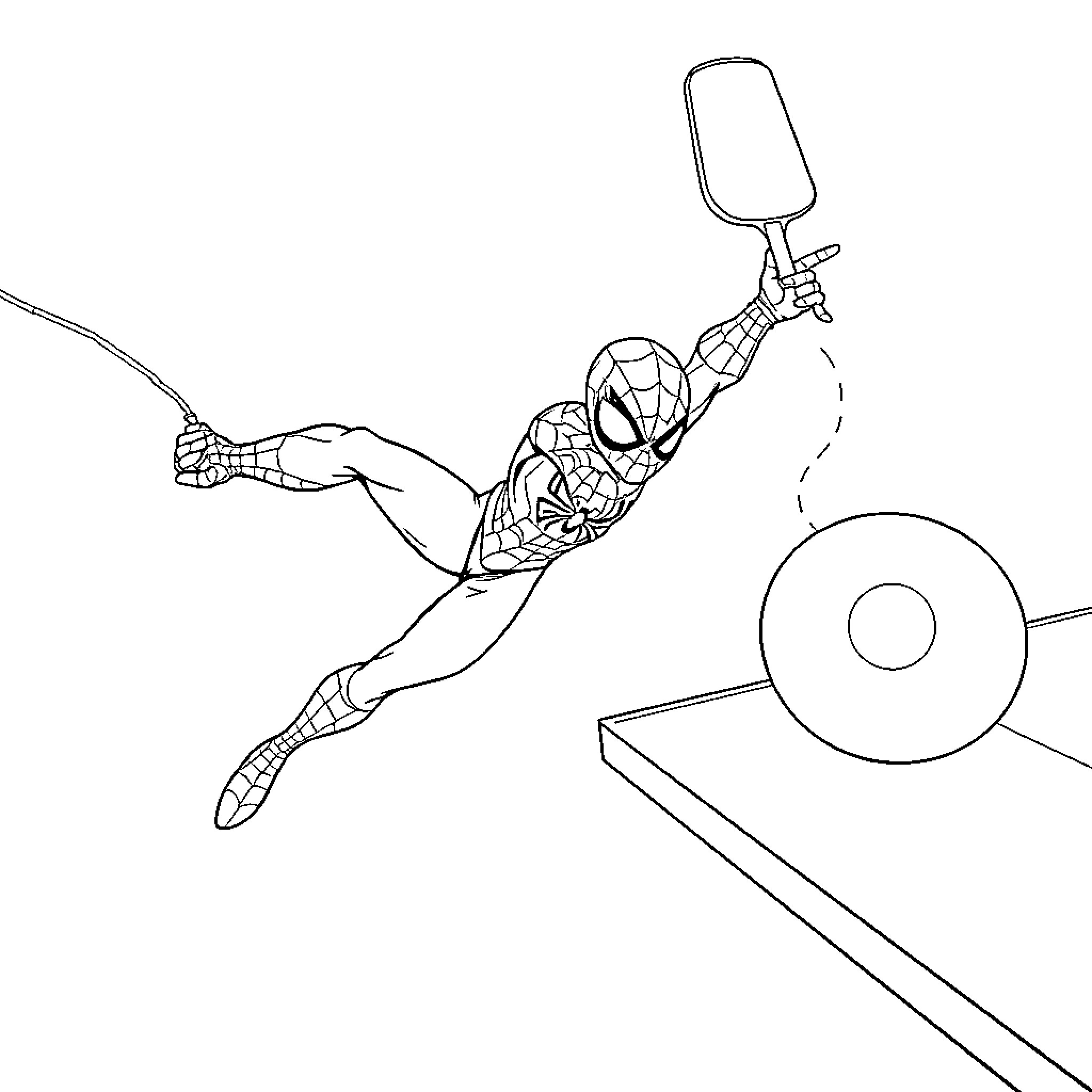 Spiderman swinging into action with web-slinging skills Coloring Page (free black-and-white line drawing printable PDF for all, from beginners to advanced learners, including children, teens, adults, and seniors)