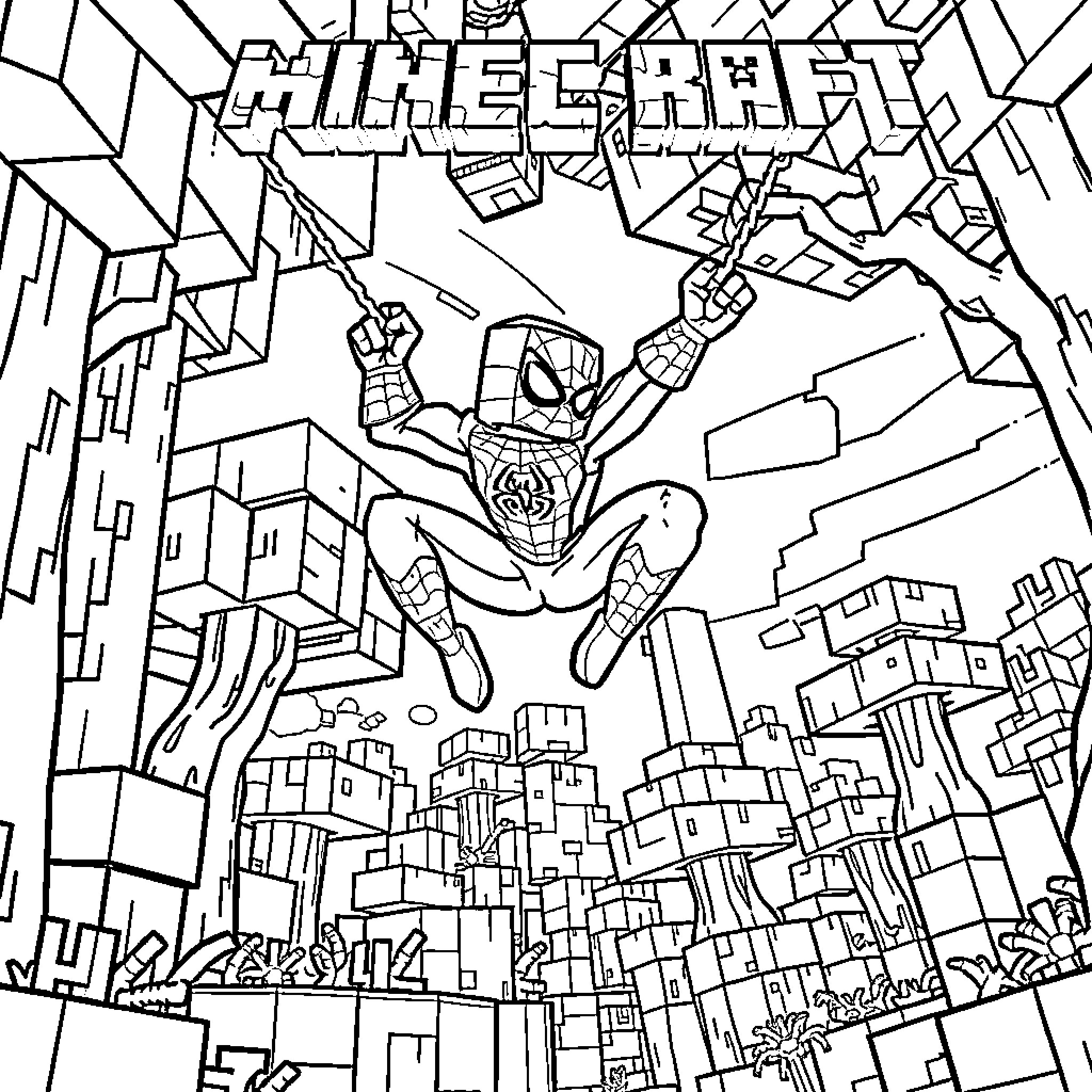 Minecraft Spider-Man swinging through blocky city Coloring Page (free black-and-white line drawing printable PDF for all, from beginners to advanced learners, including children, teens, adults, and seniors)