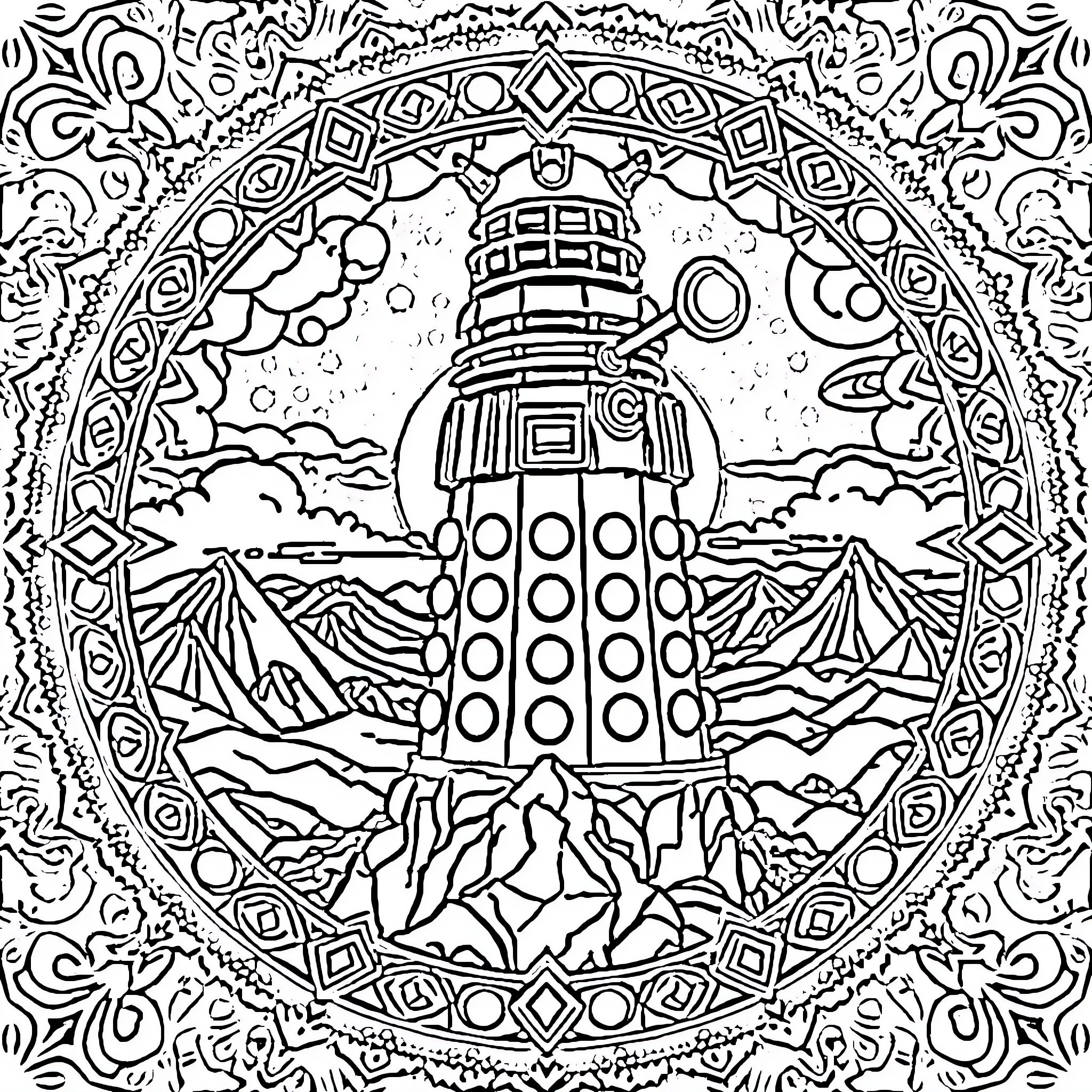 Dalek in Intricate Ornamental Landscape Coloring Page (free black-and-white line drawing printable PDF for all, from beginners to advanced learners, including children, teens, adults, and seniors)