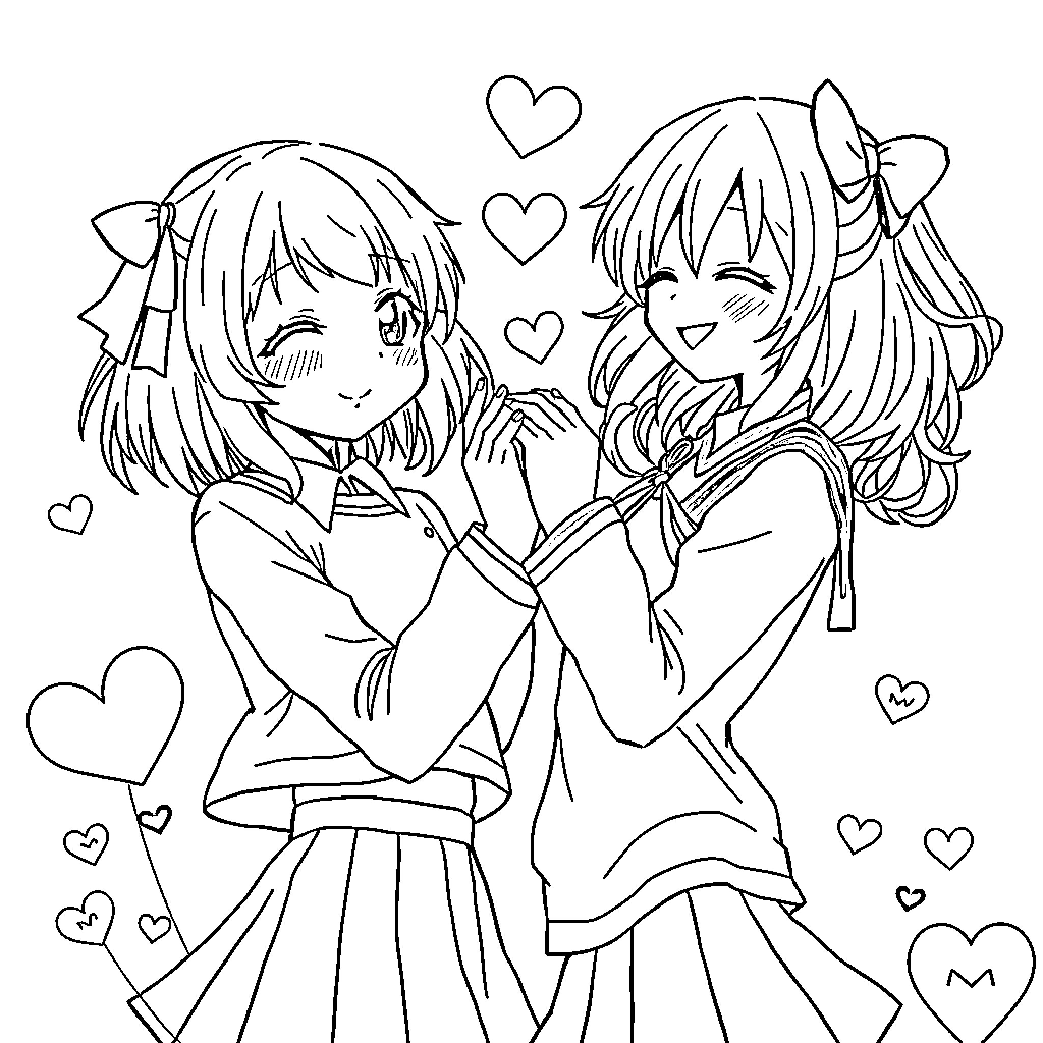 Girl friends happily embracing with hearts Coloring Page (free black-and-white line drawing printable PDF for all, from beginners to advanced learners, including children, teens, adults, and seniors)