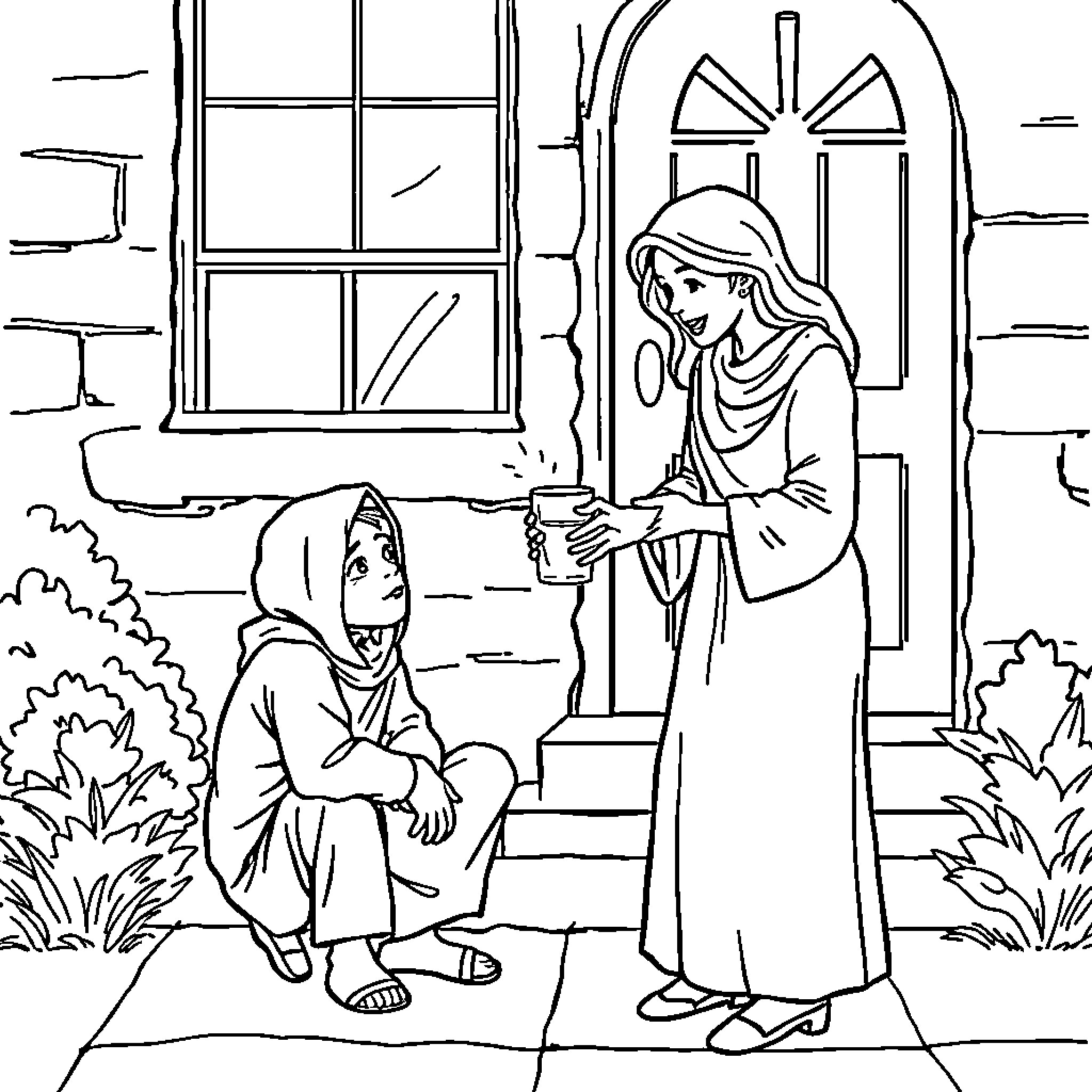 Woman offering comfort to a troubled person Coloring Page (free black-and-white line drawing printable PDF for all, from beginners to advanced learners, including children, teens, adults, and seniors)