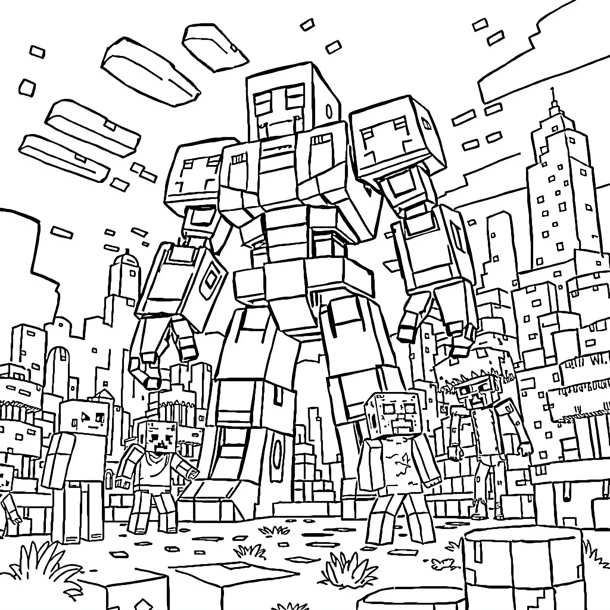 Iron Golem Standing Tall in a Minecraft-Inspired City Coloring Page (free black-and-white line drawing printable PDF for all, from beginners to advanced learners, including children, teens, adults, and seniors)