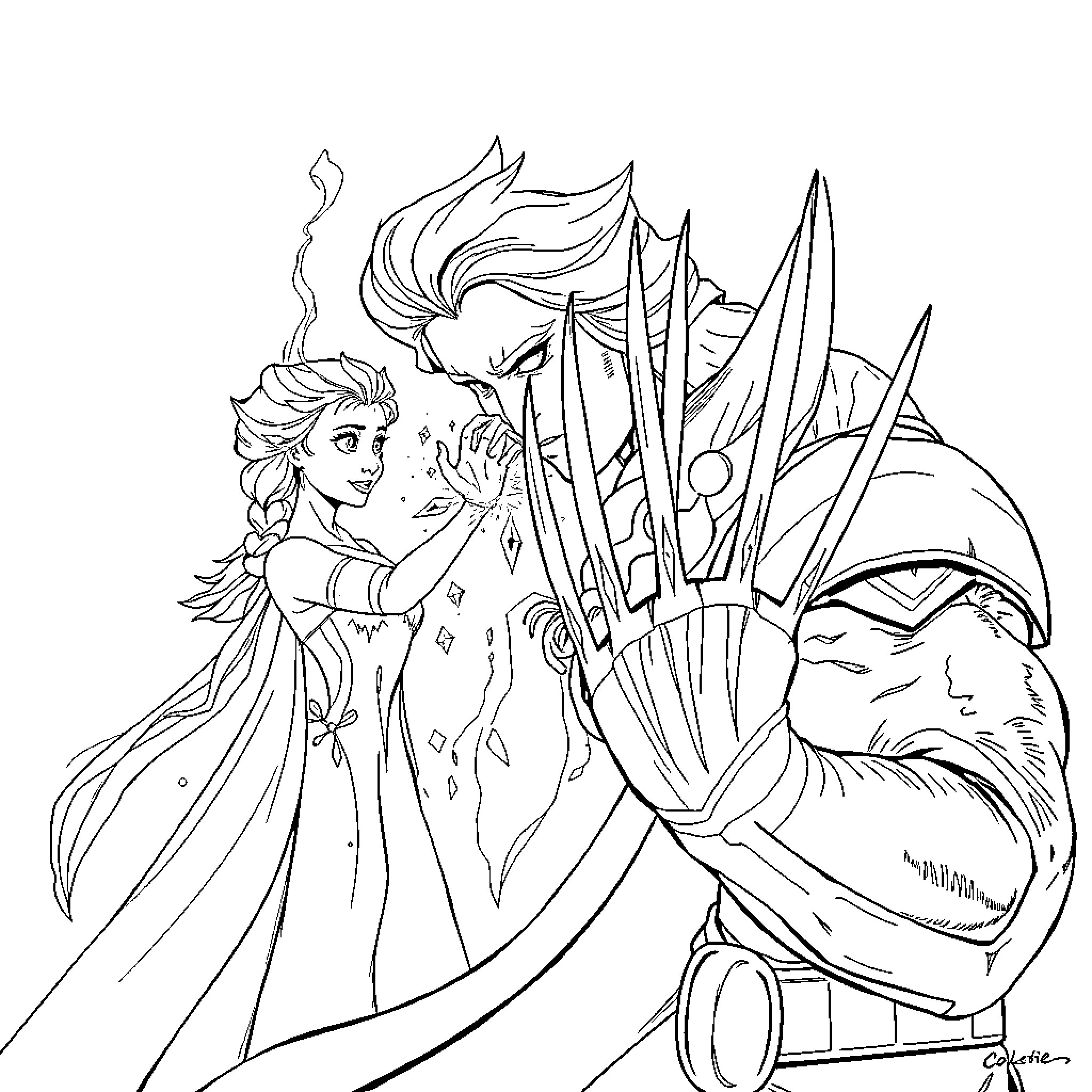 Elsa's Winter Adventure with Olaf the Snowman Coloring Page (free black-and-white line drawing printable PDF for all, from beginners to advanced learners, including children, teens, adults, and seniors)