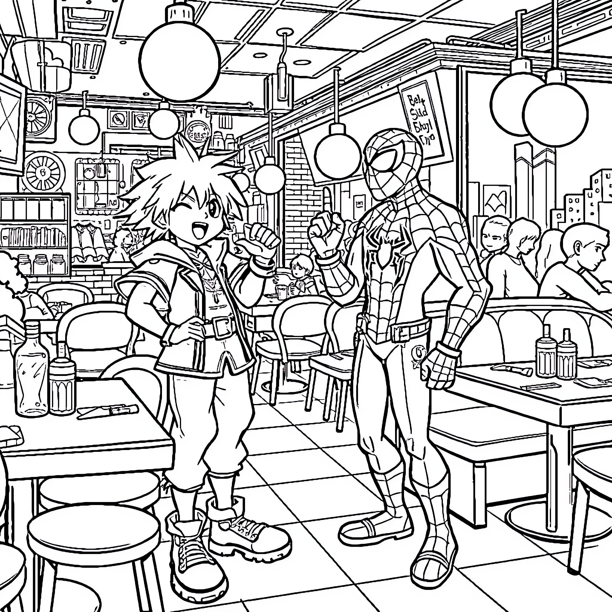 Sora's Adventurous Outing at the Lively Cafe Coloring Page (free black-and-white line drawing printable PDF for all, from beginners to advanced learners, including children, teens, adults, and seniors)
