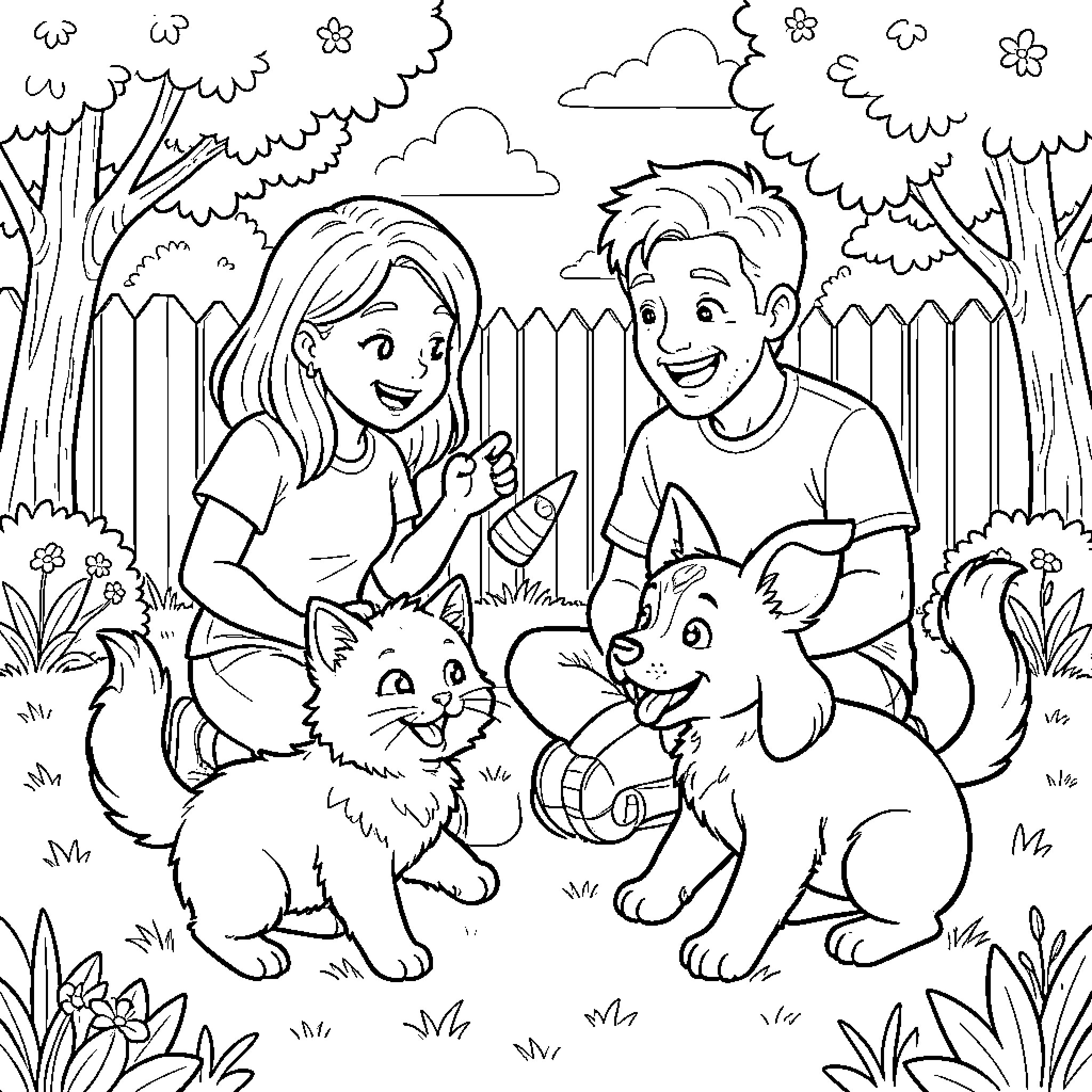 Kitten playing with children in the park Coloring Page (free black-and-white line drawing printable PDF for all, from beginners to advanced learners, including children, teens, adults, and seniors)