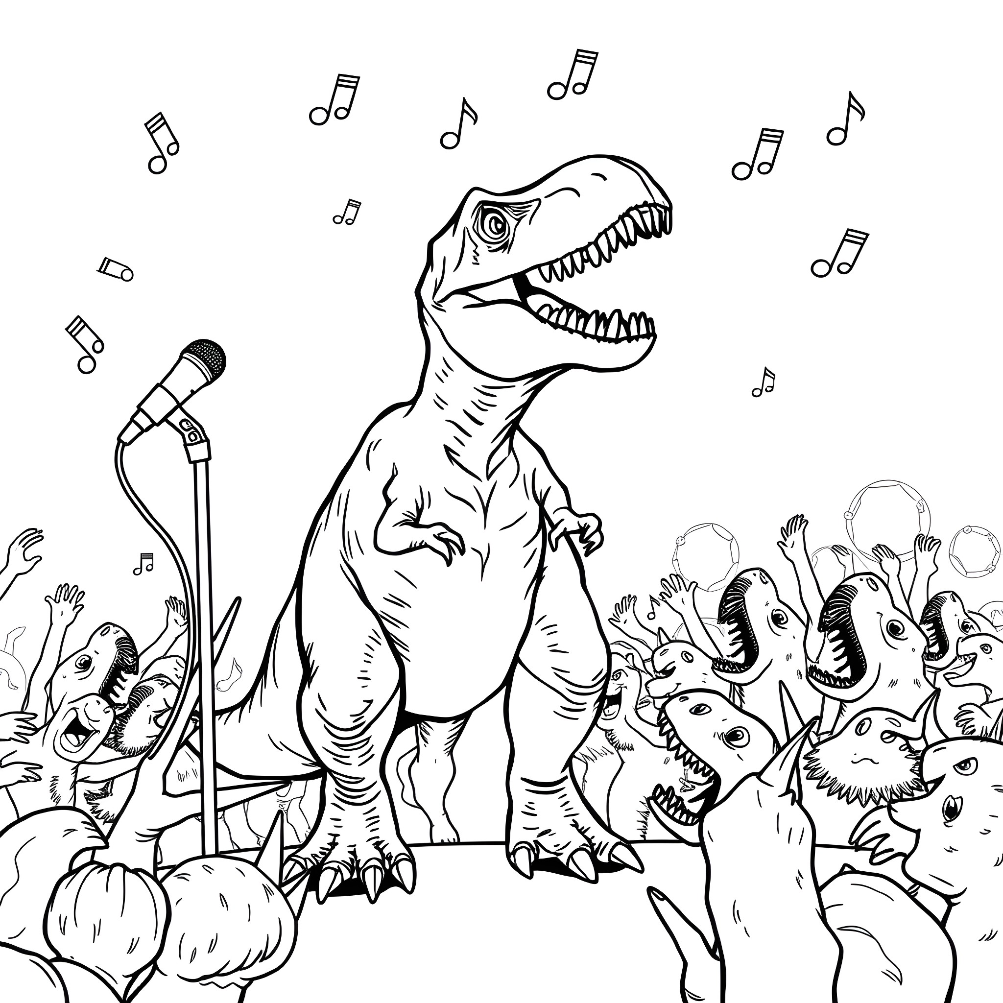 Tyrannosaurus Rex Rocking Out at a Dinosaur Music Festival Coloring Page (free black-and-white line drawing printable PDF for all, from beginners to advanced learners, including children, teens, adults, and seniors)