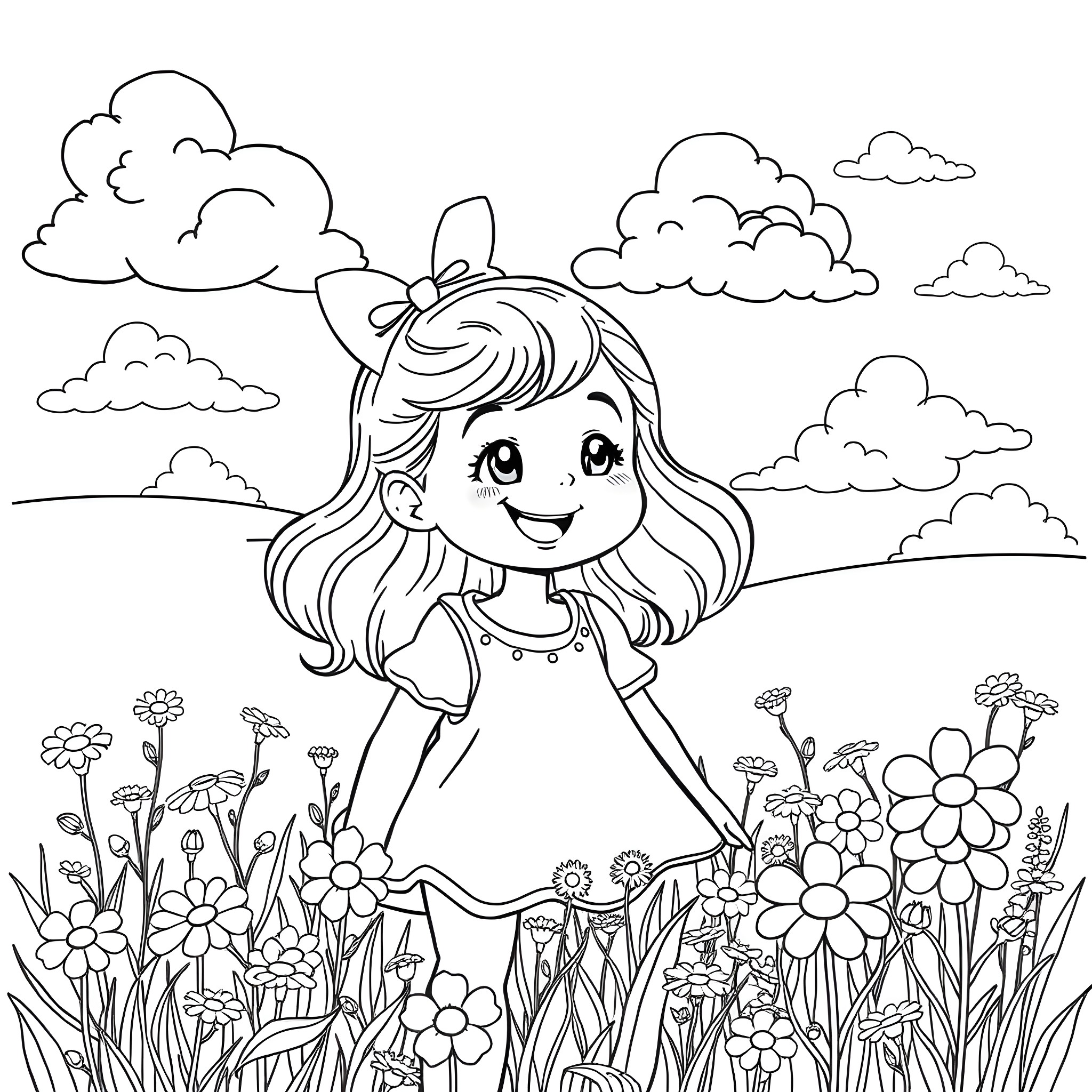 Bonnie's Lovely Garden Adventure Coloring Page (free black-and-white line drawing printable PDF for all, from beginners to advanced learners, including children, teens, adults, and seniors)