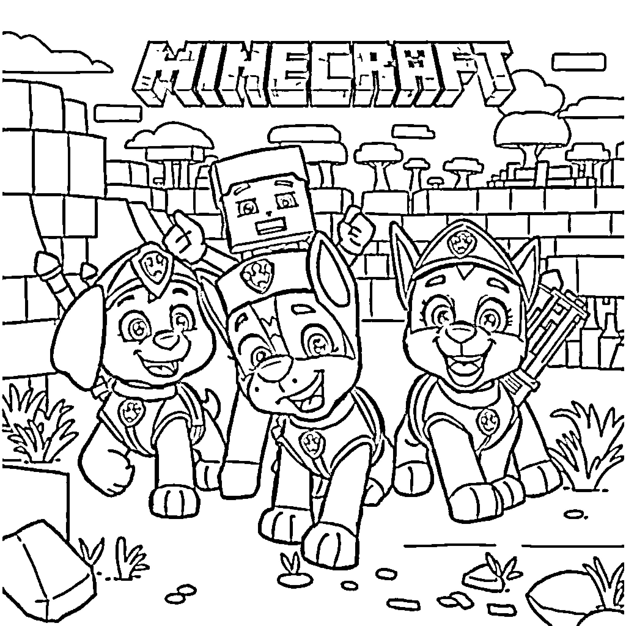Minecraft characters exploring a whimsical landscape Coloring Page (free black-and-white line drawing printable PDF for all, from beginners to advanced learners, including children, teens, adults, and seniors)