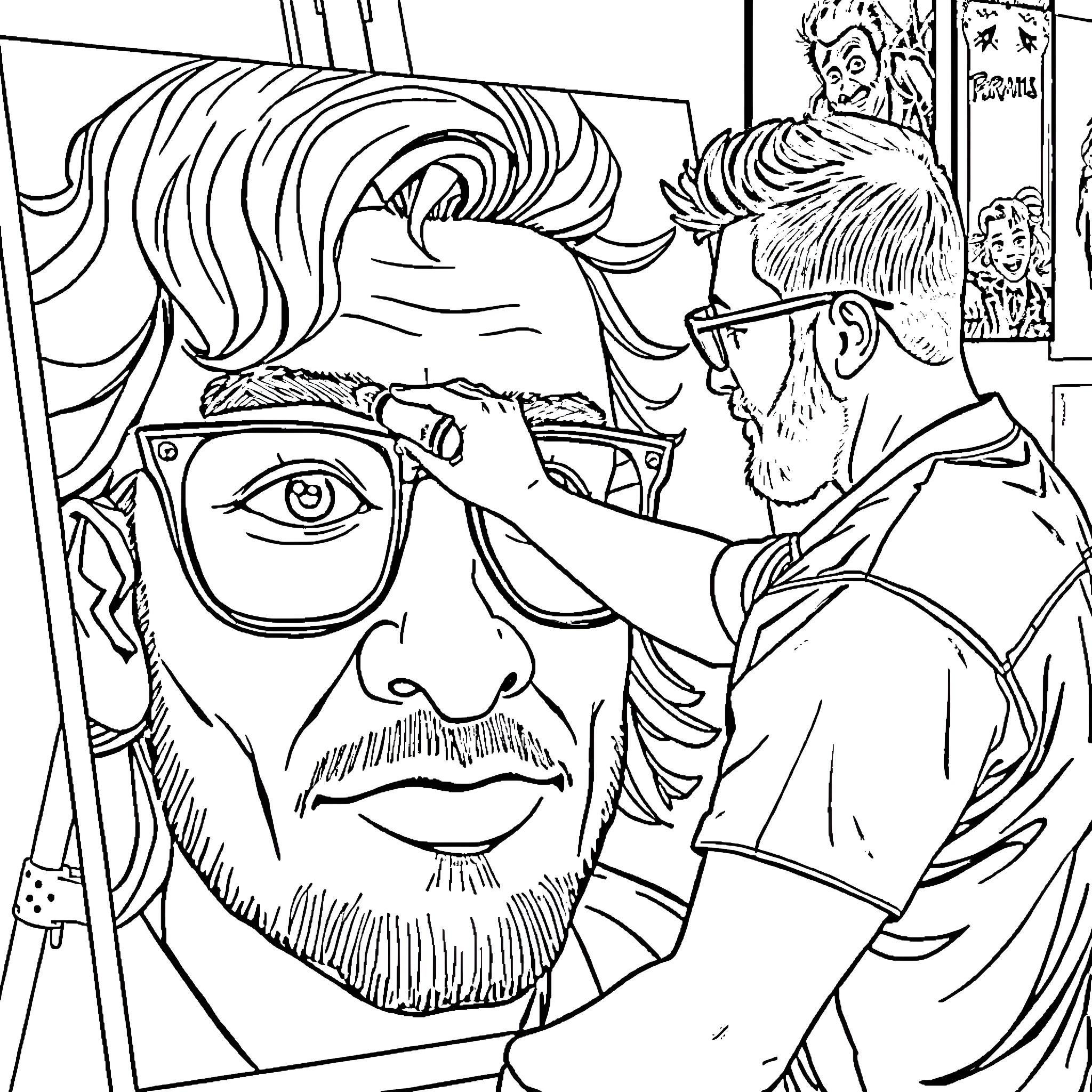 Yo Samdy Sam paints a self-portrait in his studio Coloring Page (free black-and-white line drawing printable PDF for all, from beginners to advanced learners, including children, teens, adults, and seniors)