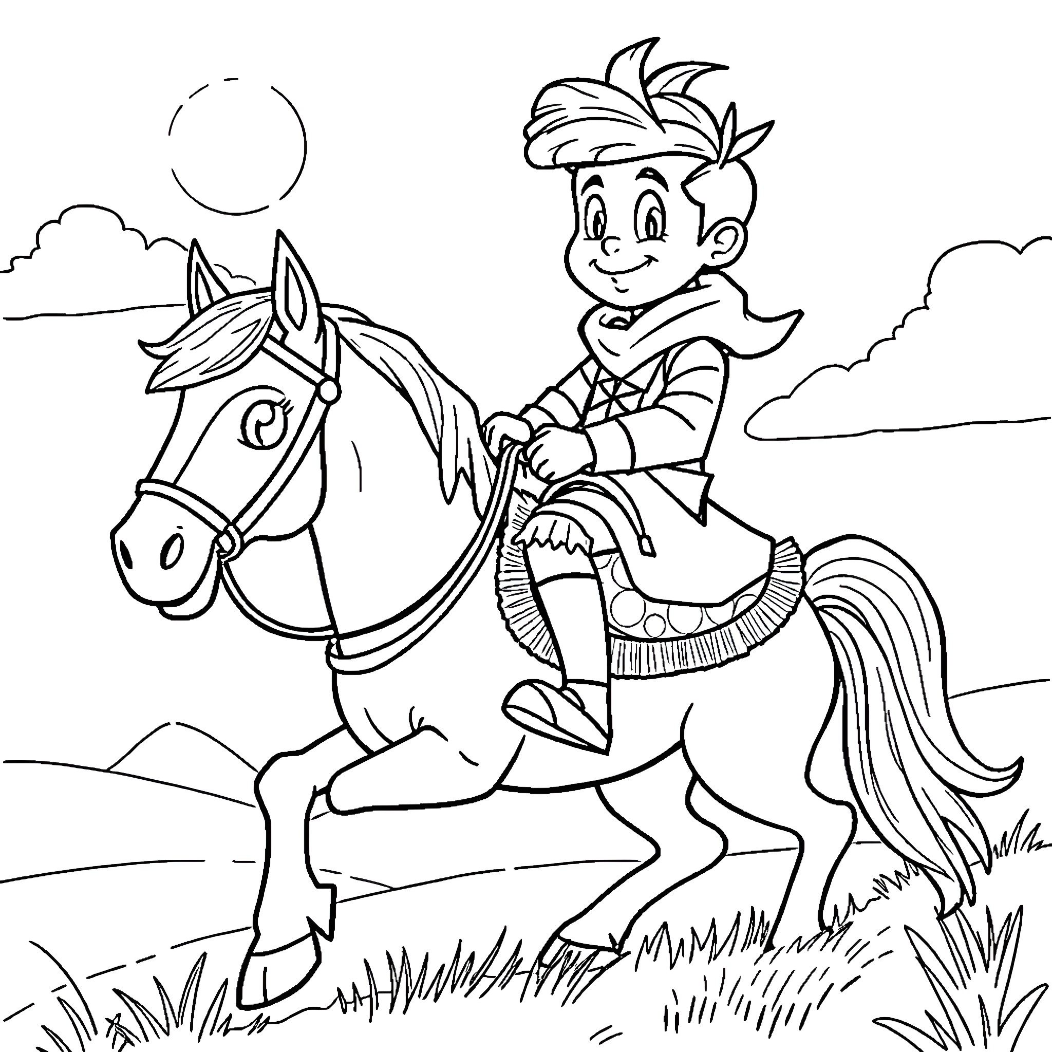 Dandy Boy Rides Cheerful Horse on Grassy Hill Coloring Page (free black-and-white line drawing printable PDF for all, from beginners to advanced learners, including children, teens, adults, and seniors)
