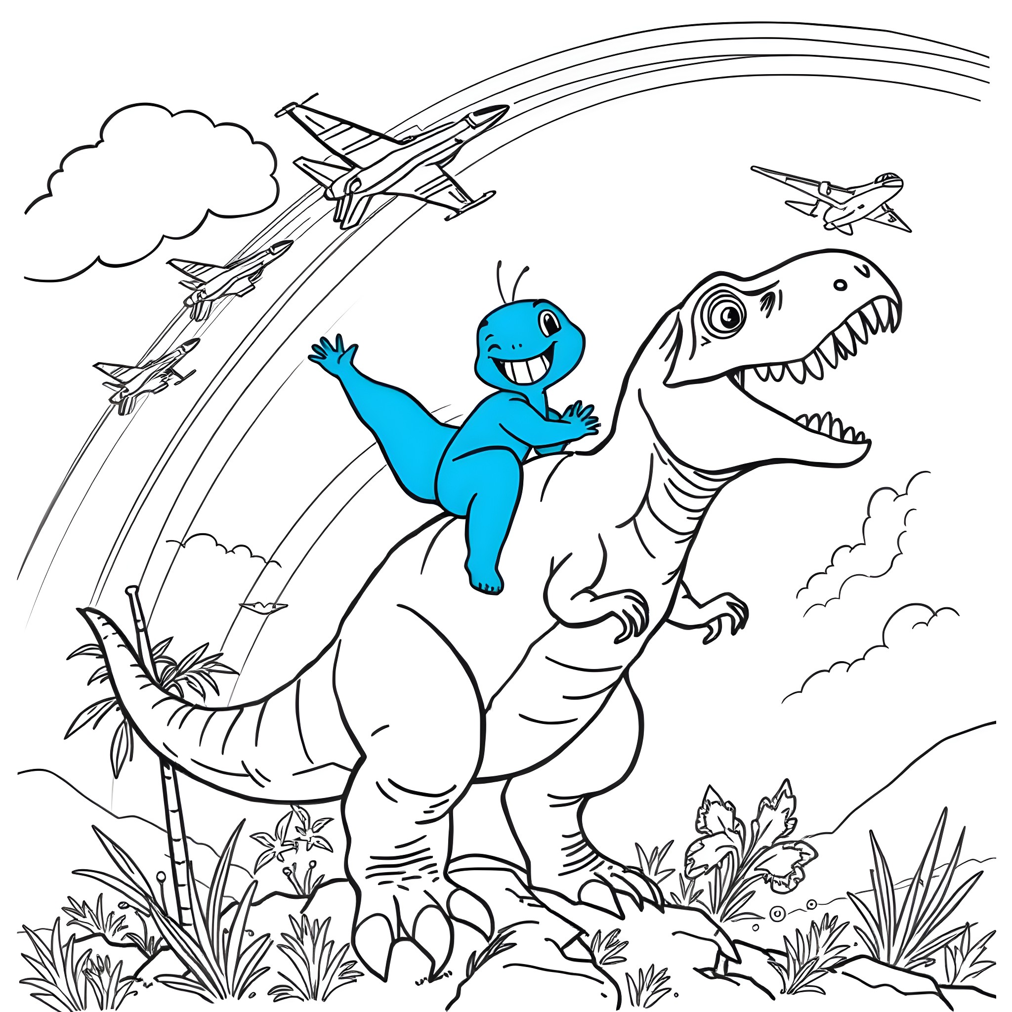 Bluey's Dino Adventure in the Clouds Coloring Page (free black-and-white line drawing printable PDF for all, from beginners to advanced learners, including children, teens, adults, and seniors)