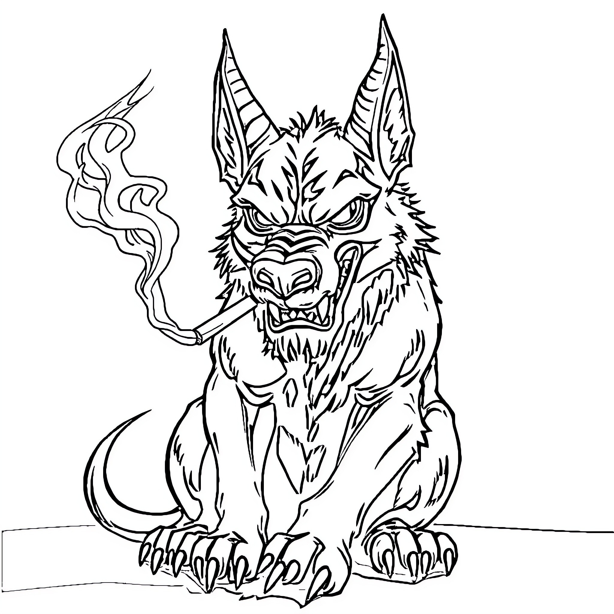 Demon Dog Smoking and Growling Menacingly Coloring Page (free black-and-white line drawing printable PDF for all, from beginners to advanced learners, including children, teens, adults, and seniors)