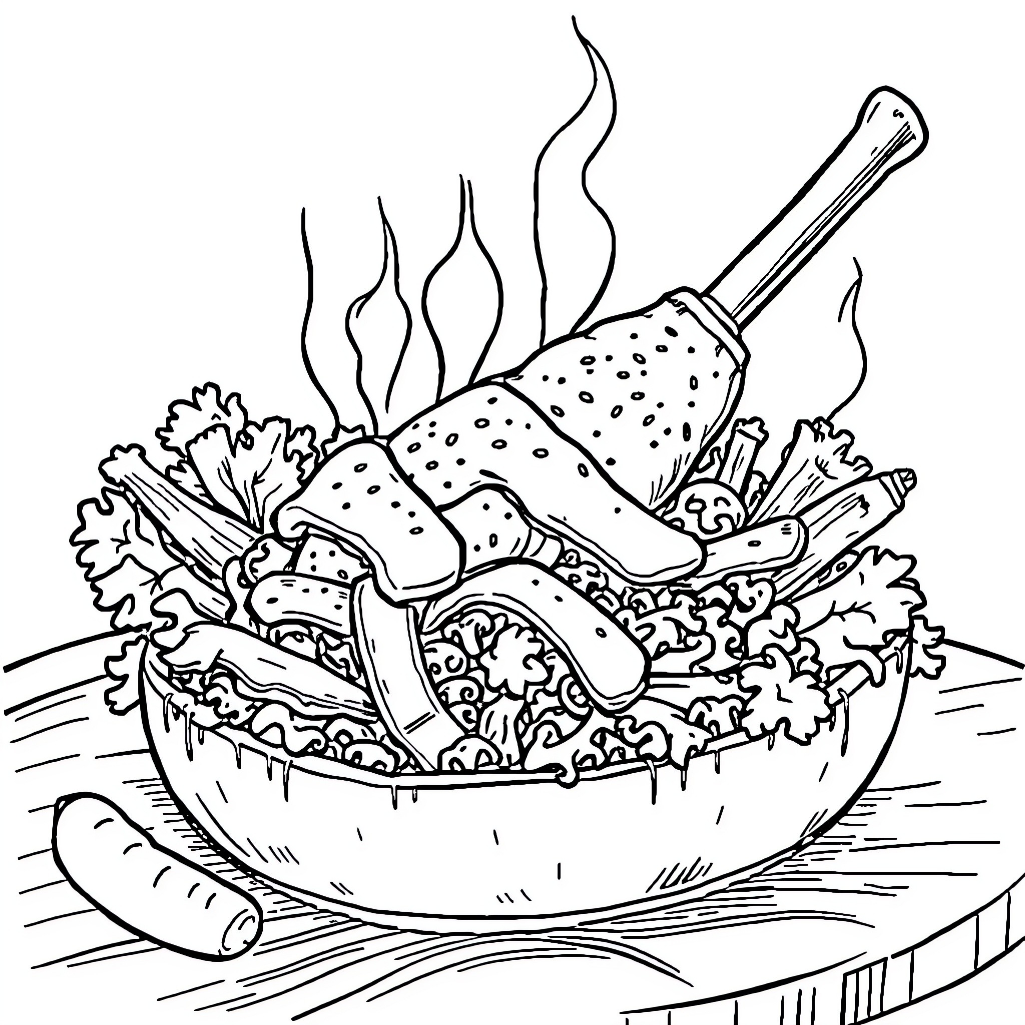 Döner Kebab Dish with Appetizing Ingredients Coloring Page (free black-and-white line drawing printable PDF for all, from beginners to advanced learners, including children, teens, adults, and seniors)