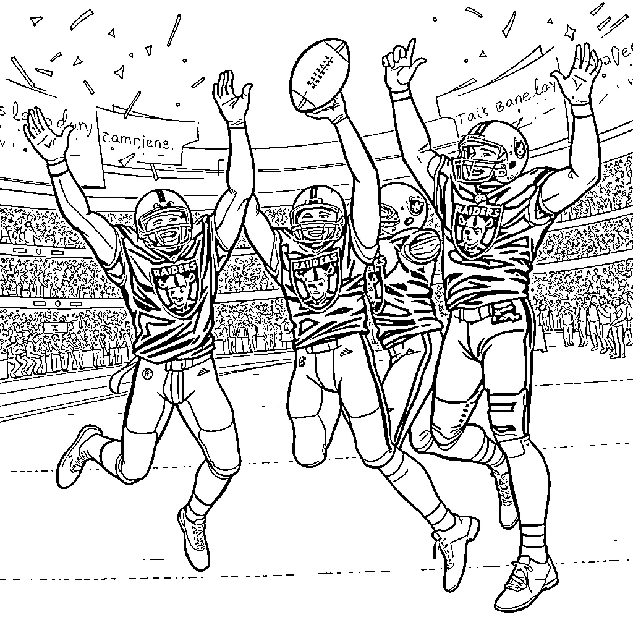 Las Vegas Raiders football players celebrating victory Coloring Page (free black-and-white line drawing printable PDF for all, from beginners to advanced learners, including children, teens, adults, and seniors)
