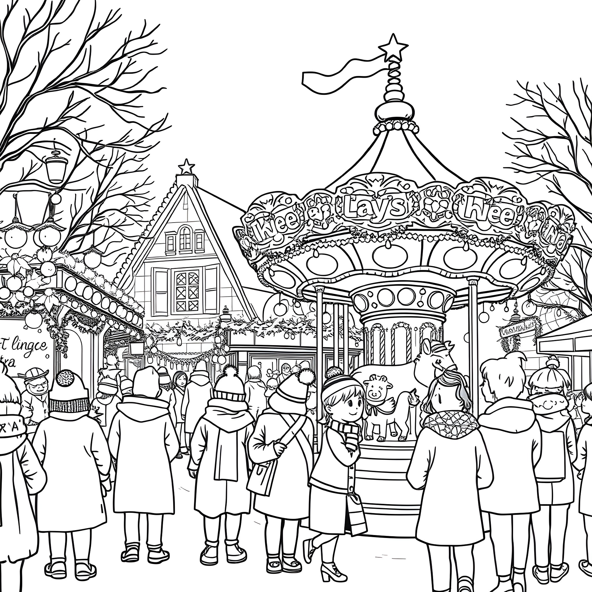 Christmas Market with Crowd, Decorations, and Carnival Ride Coloring Page (free black-and-white line drawing printable PDF for all, from beginners to advanced learners, including children, teens, adults, and seniors)